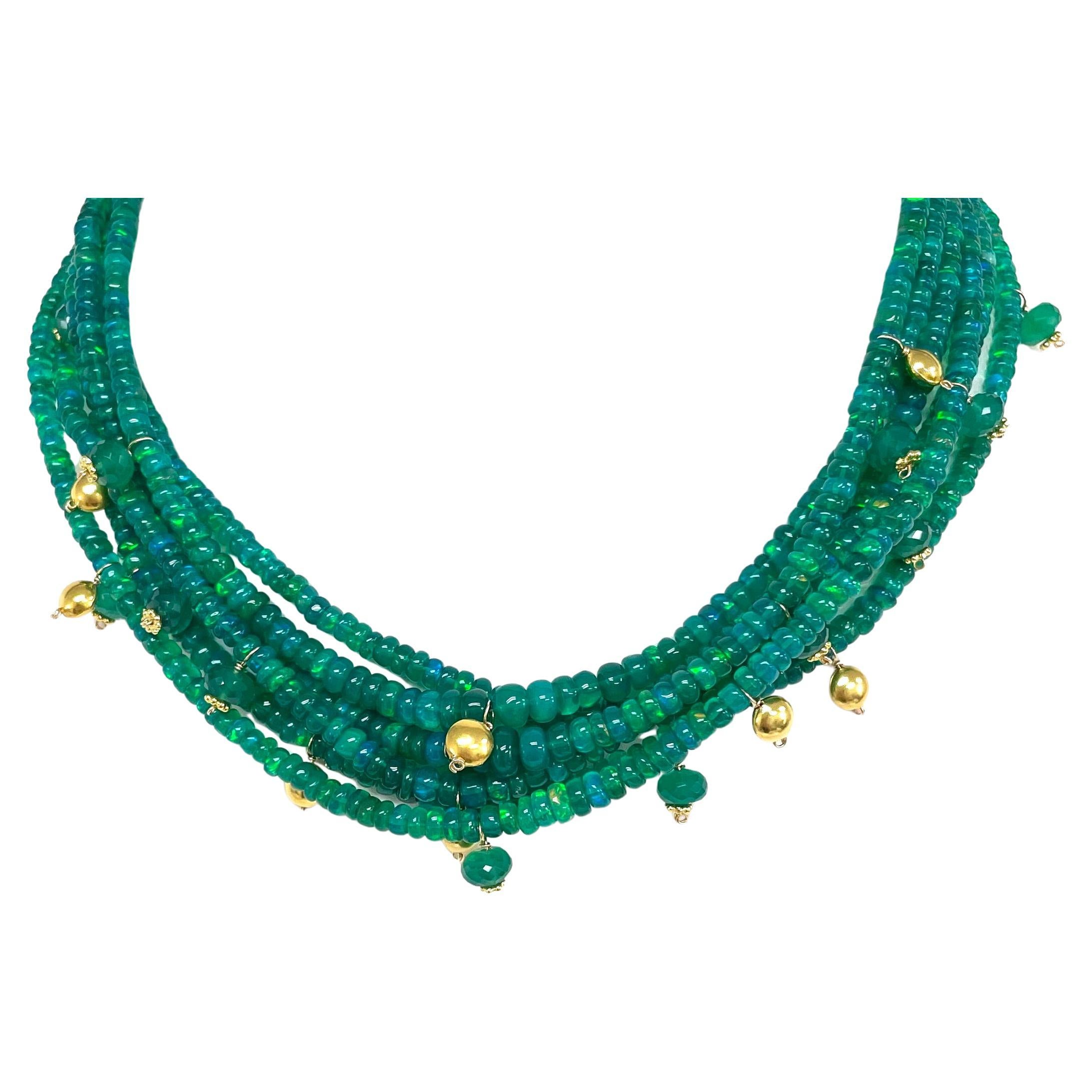 Green Opal with Dangling 18k YG Accents Multistrand Necklace In New Condition For Sale In Laguna Beach, CA