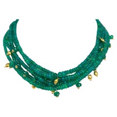 Green Opal with Dangling 18k YG Accents Multistrand Necklace