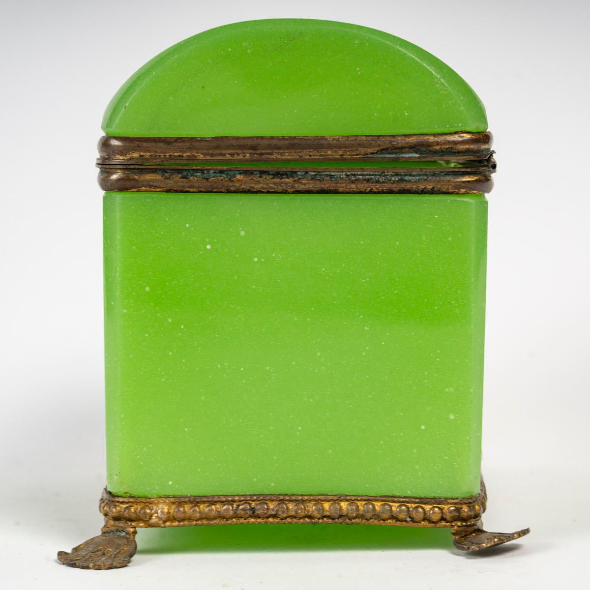 French Green Opaline Box, 19th Century, Napoleon III Period. For Sale