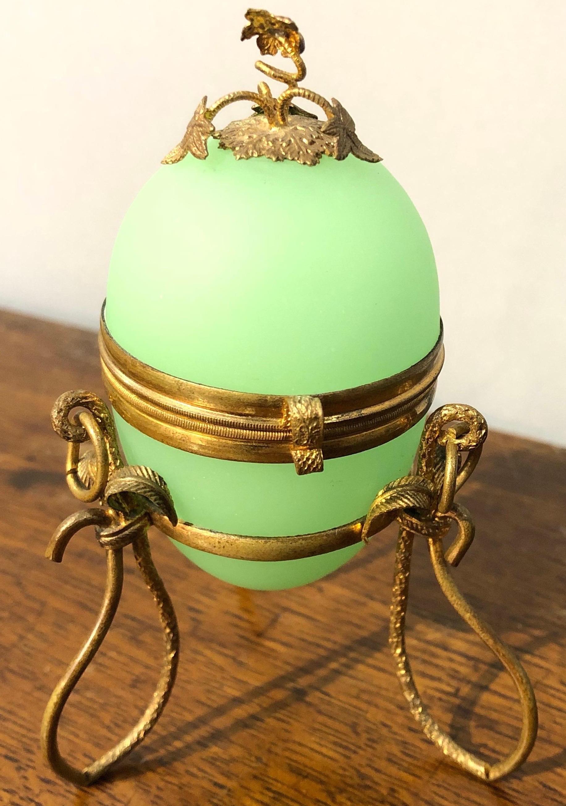 19th century French gilt bronze mounted green opaline egg shaped trinket box with hinged lid