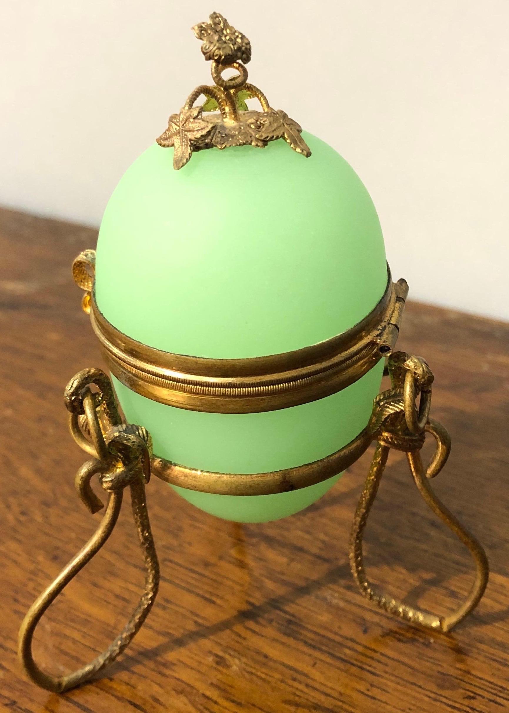 European 19th Century French Gilt Bronze Mounted Green Opaline Egg Shaped Trinket Box