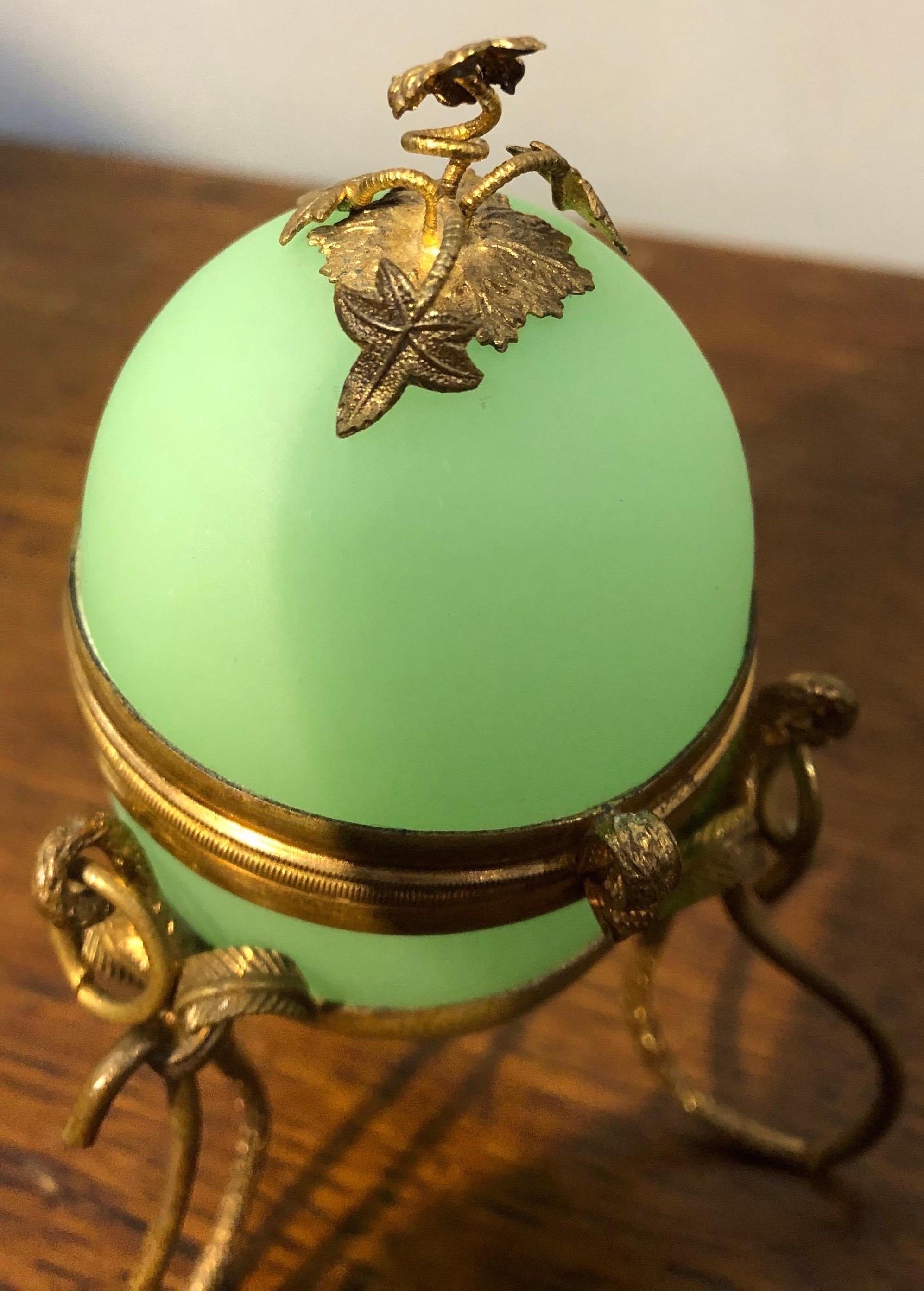 Opaline Glass 19th Century French Gilt Bronze Mounted Green Opaline Egg Shaped Trinket Box