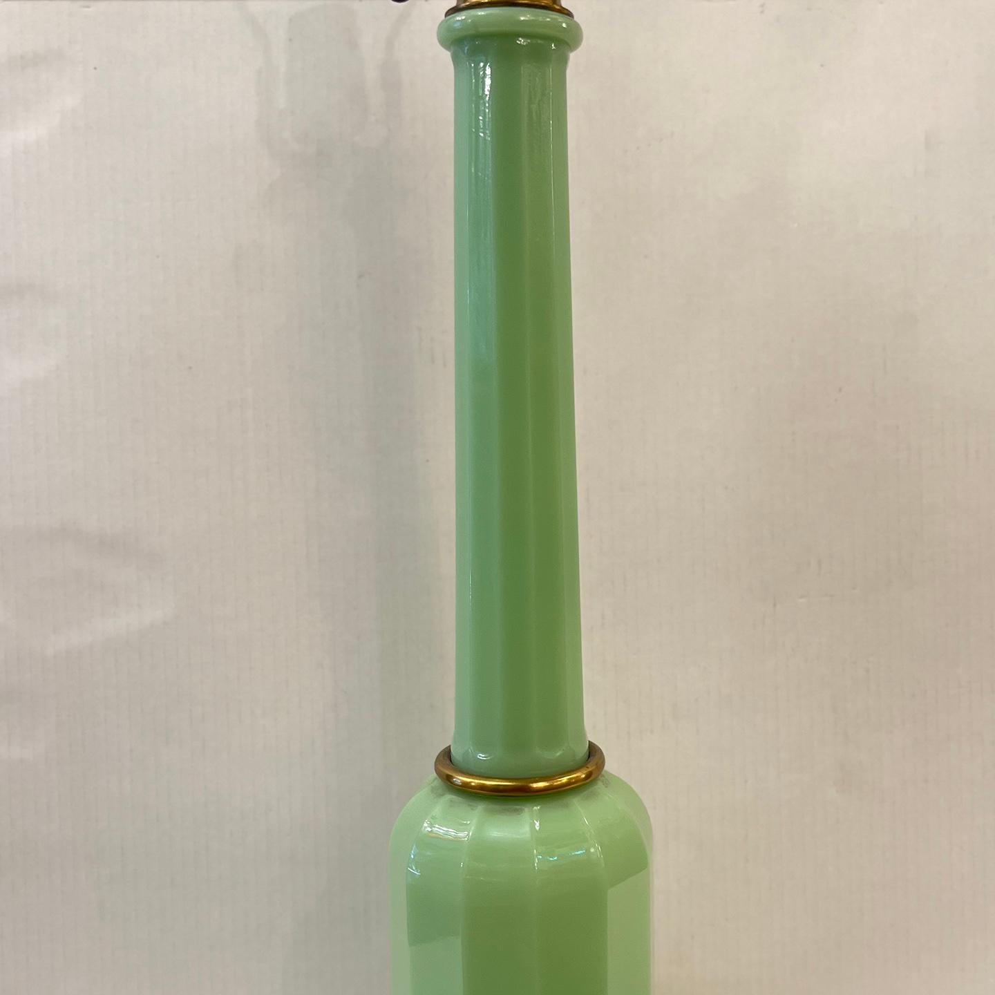 French Green Opaline Glass Lamp For Sale