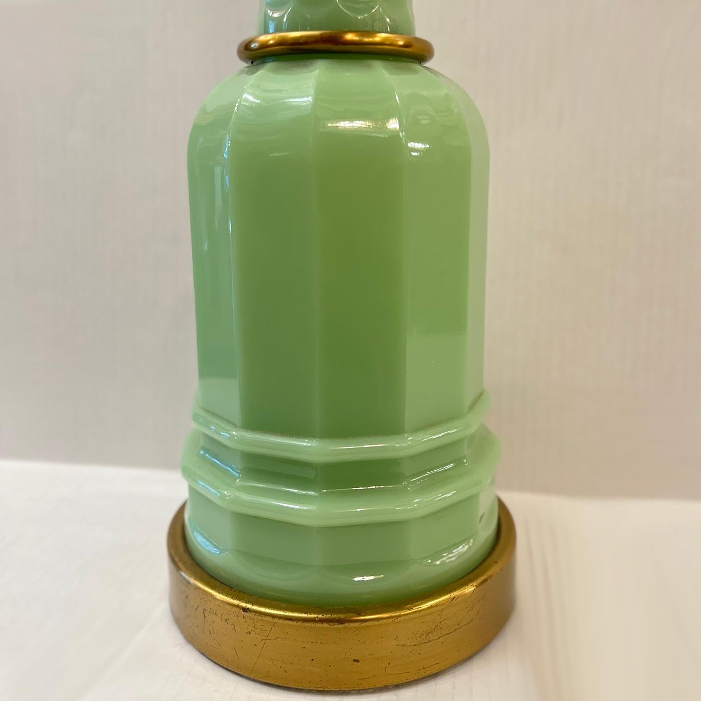 Gilt Green Opaline Glass Lamp For Sale