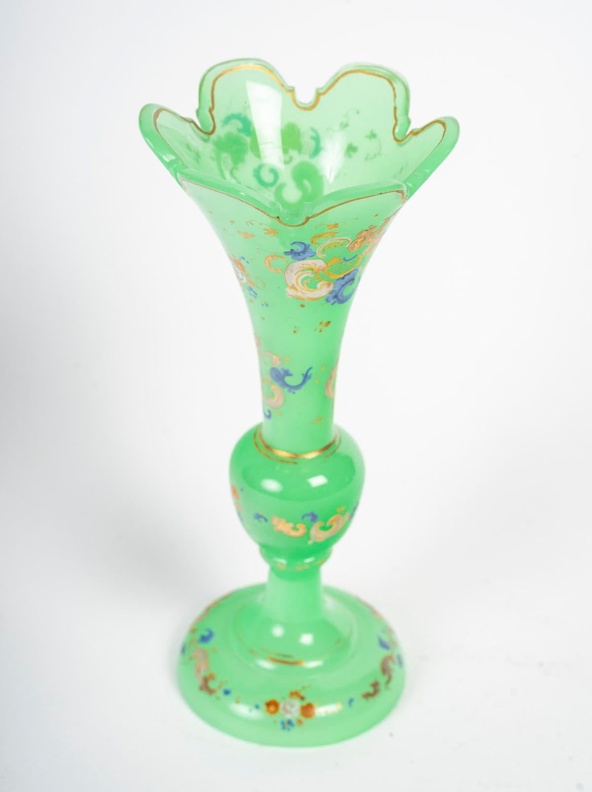 French Green Opaline Vase, 19th Century, Napoleon III Period. For Sale