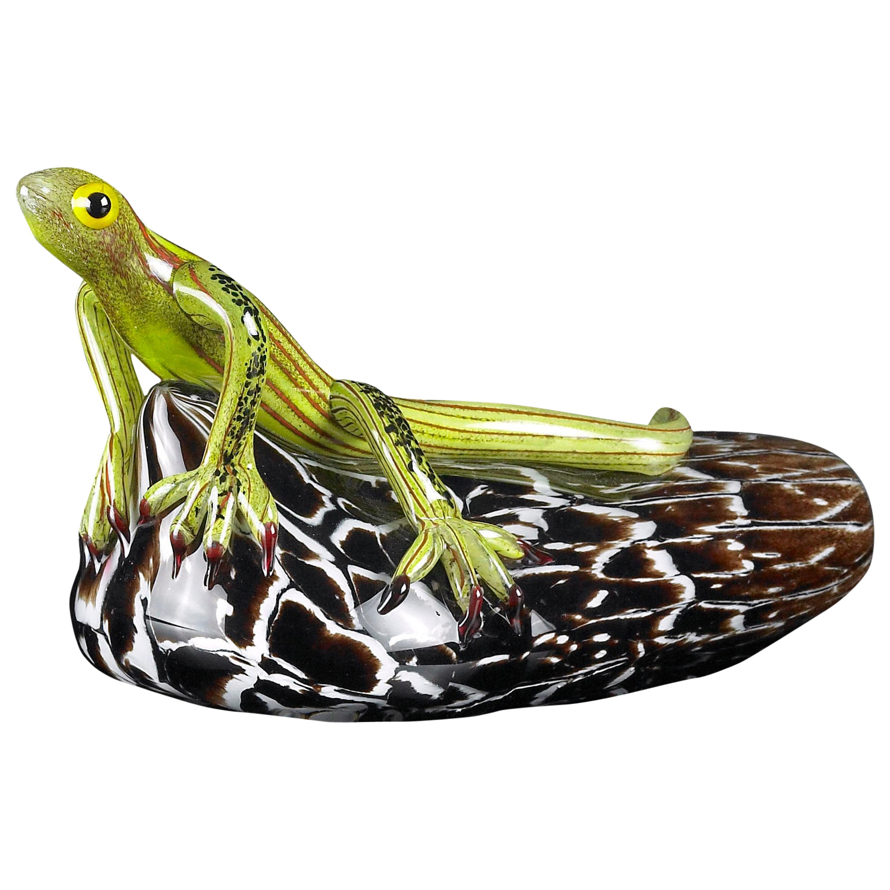 Green or Orange Lizard on a Rock, in Glass, Italy For Sale