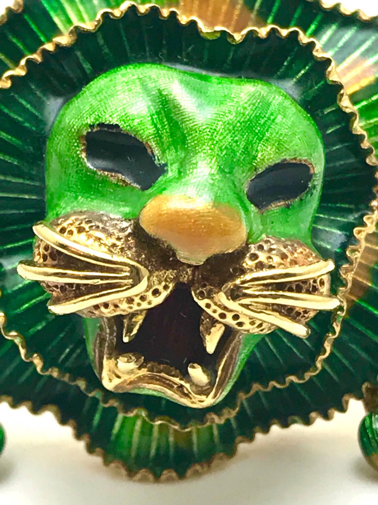 Green Orange and Red Enamel Yellow Gold Lion Cocktail Ring In Excellent Condition In Chevy Chase, MD