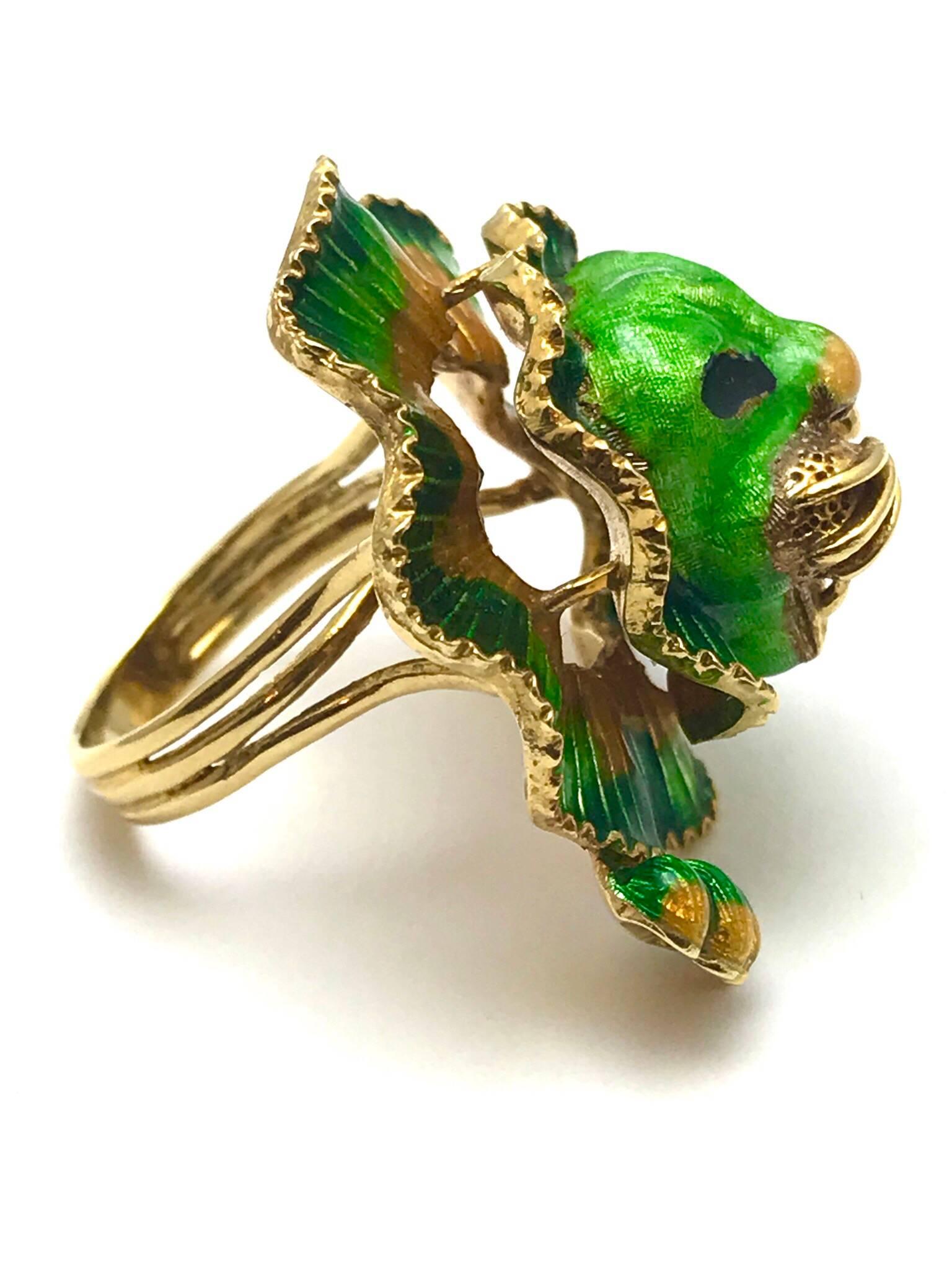 Women's or Men's Green Orange and Red Enamel Yellow Gold Lion Cocktail Ring