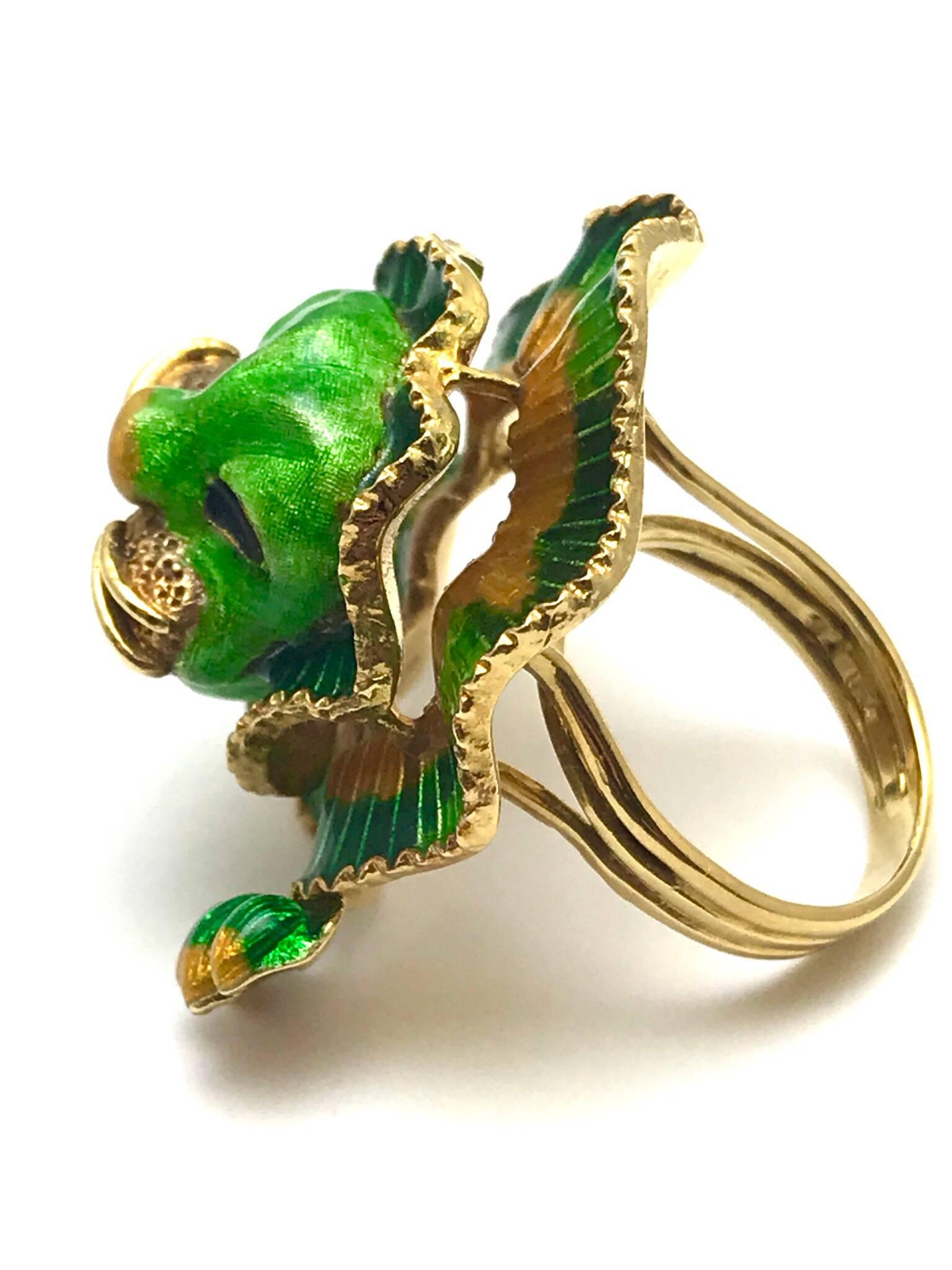 Green Orange and Red Enamel Yellow Gold Lion Cocktail Ring 1