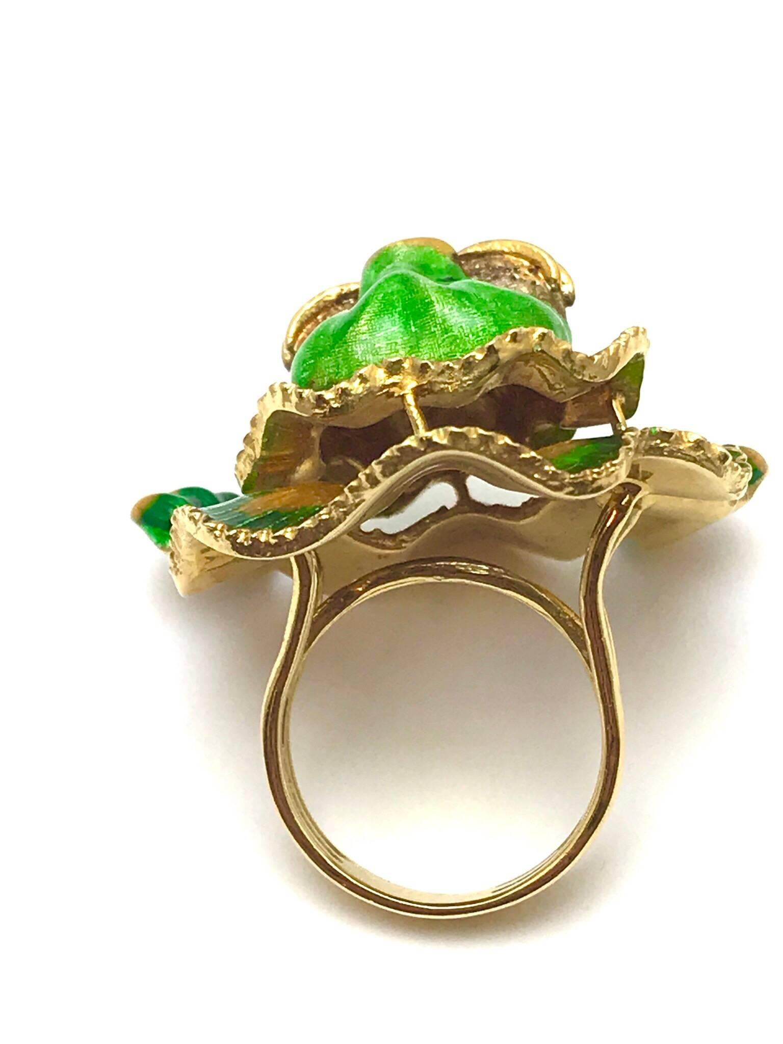 Green Orange and Red Enamel Yellow Gold Lion Cocktail Ring 2