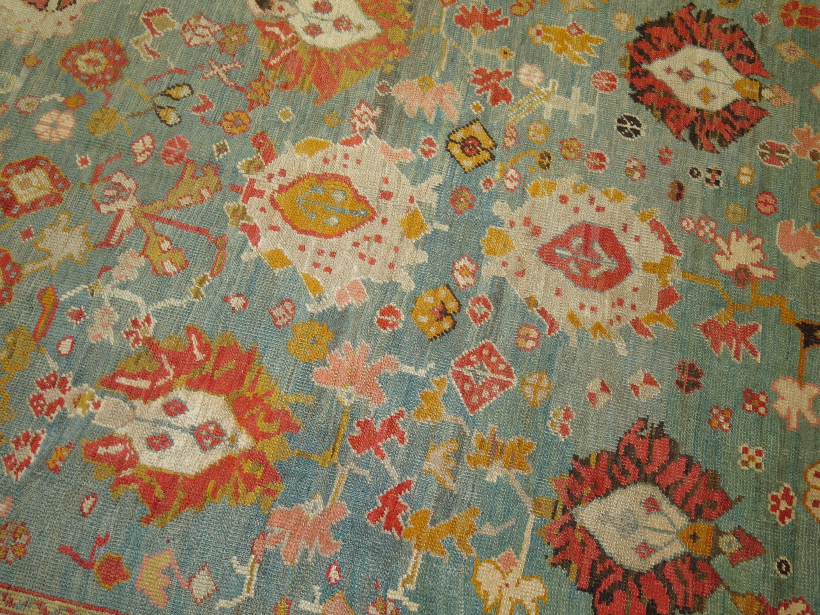 Green Orange Antique Oushak Rug In Good Condition For Sale In New York, NY