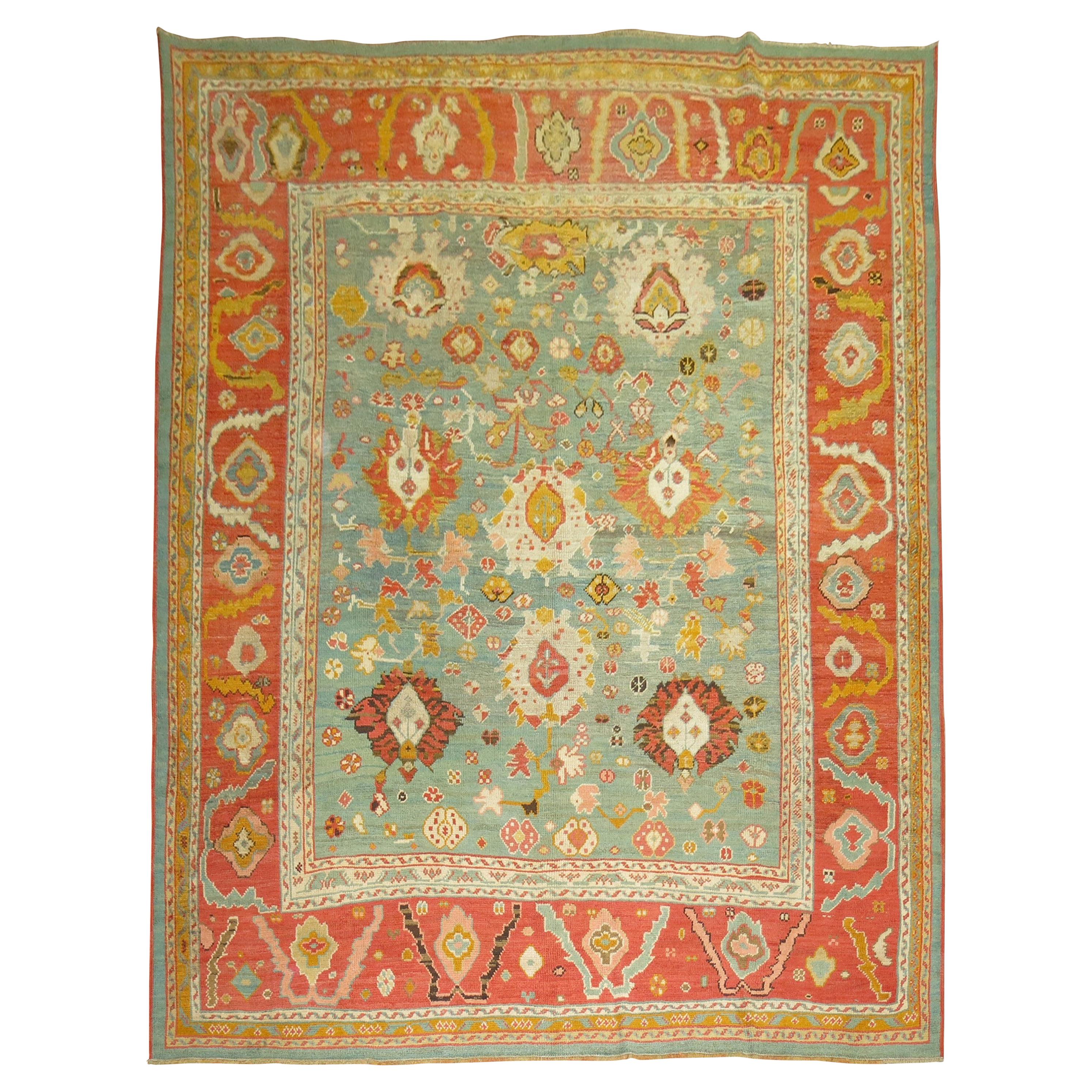 Green Orange Antique Oushak Rug For Sale