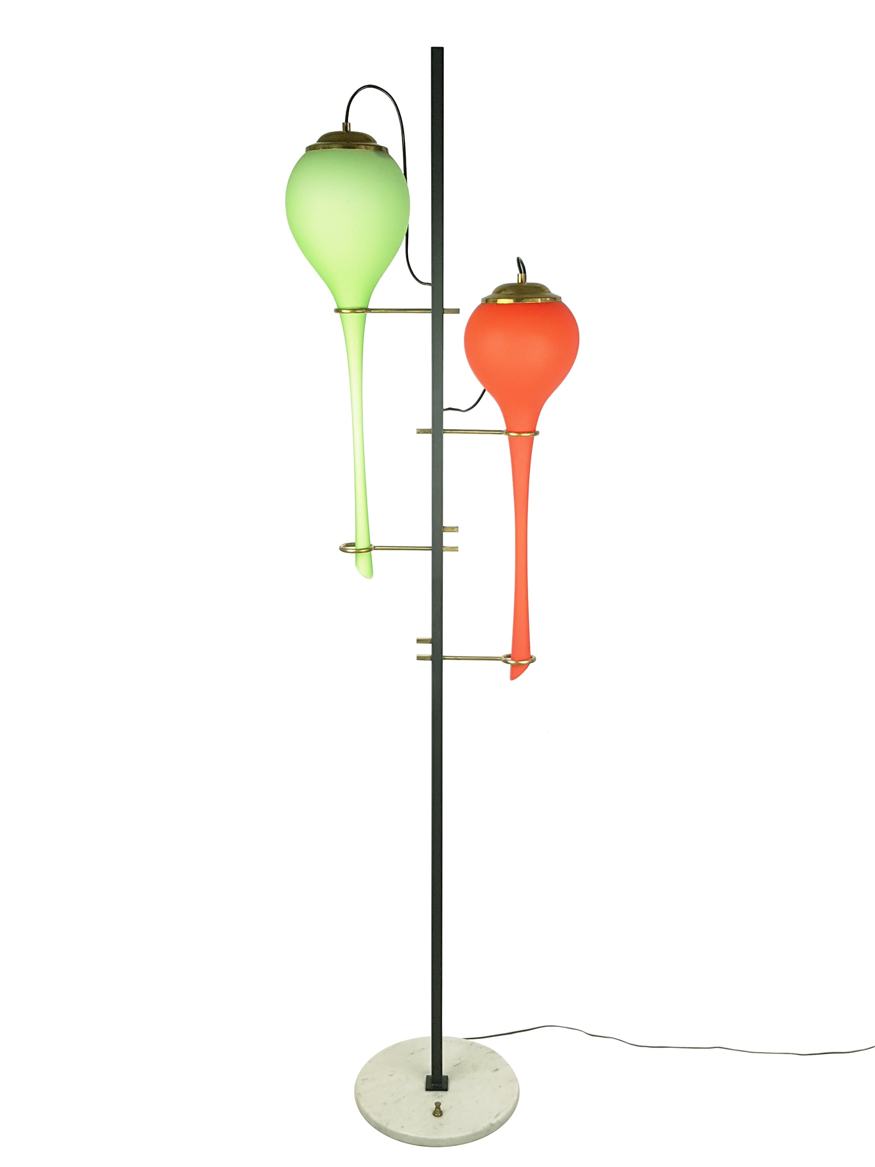 Green & Orange Murano Glass Black Metal & Brass 1950s Floor Lamp Attr. Stilnovo For Sale 5