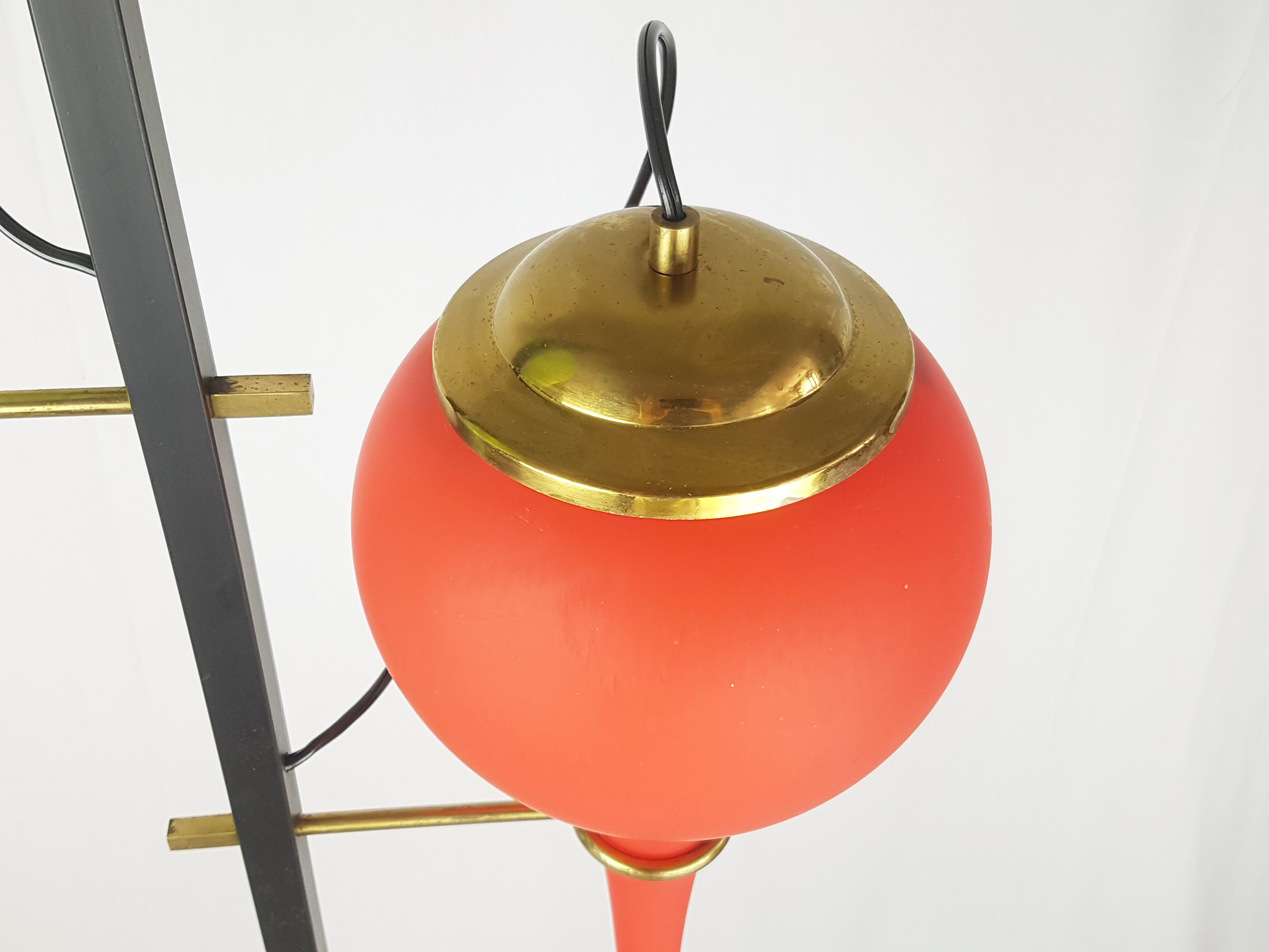 Mid-Century Modern Green & Orange Murano Glass Black Metal & Brass 1950s Floor Lamp Attr. Stilnovo For Sale