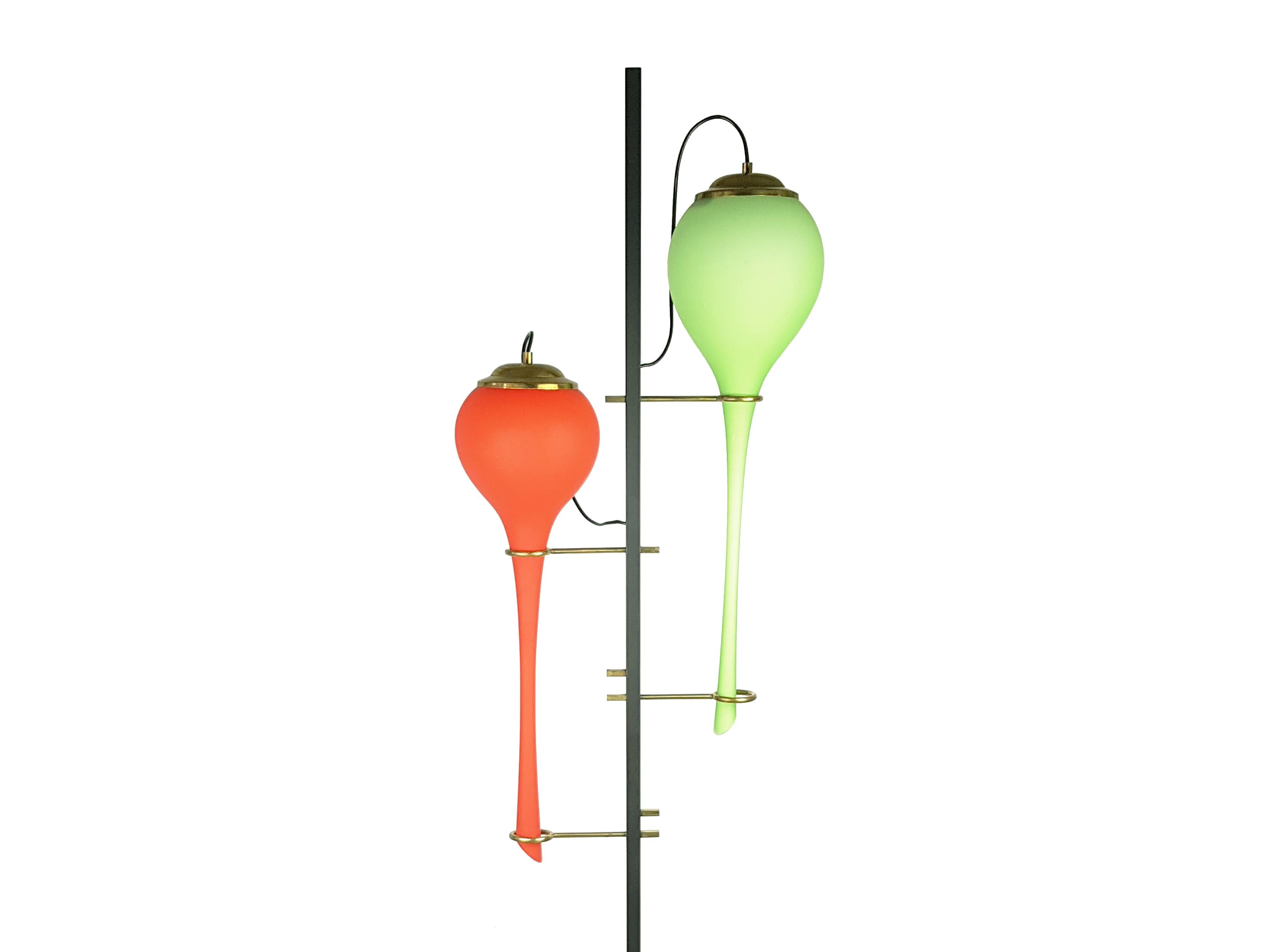 Green & Orange Murano Glass Black Metal & Brass 1950s Floor Lamp Attr. Stilnovo For Sale 1