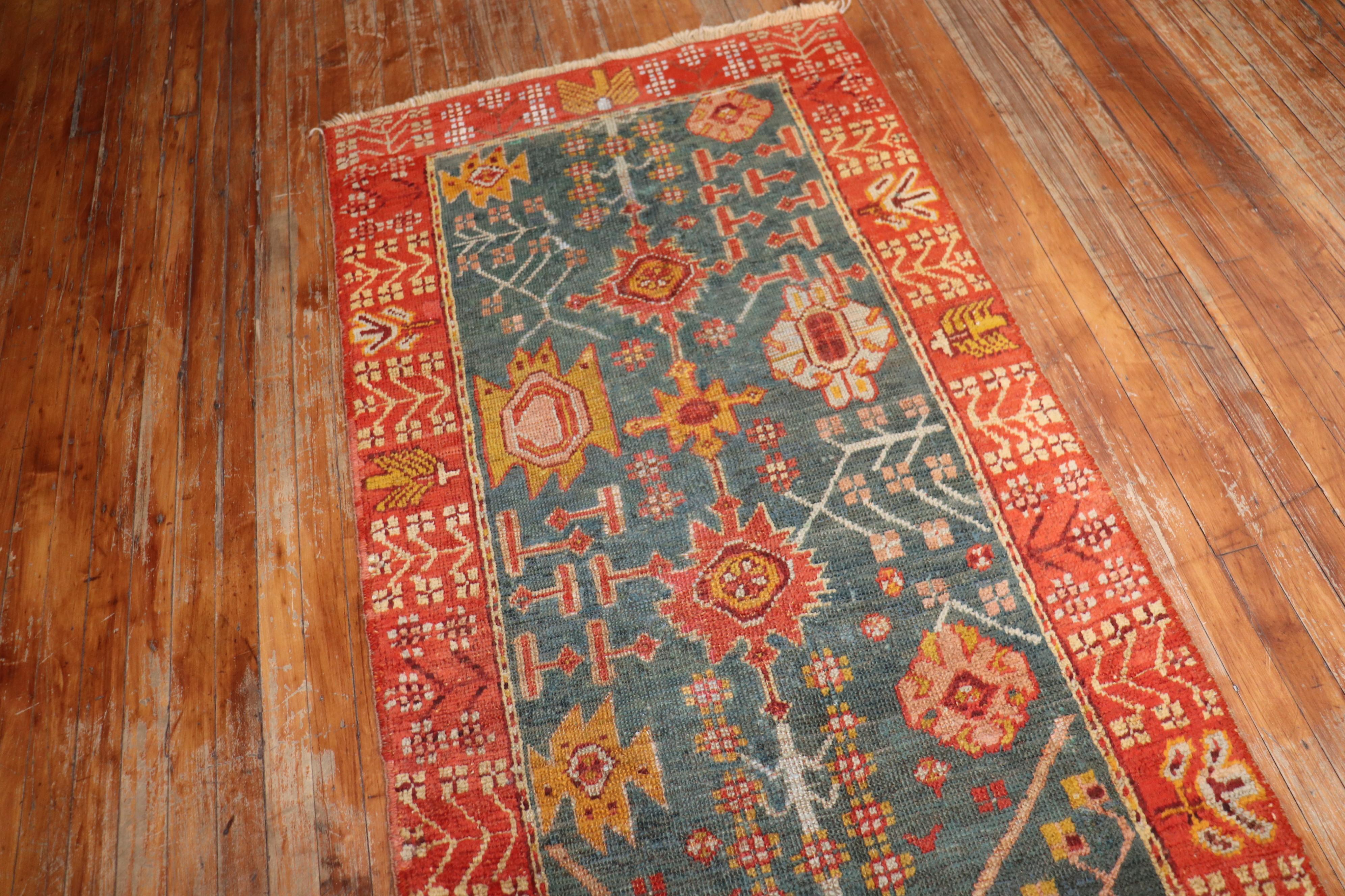 Green Orange Red Antique Oushak Runner In Good Condition In New York, NY