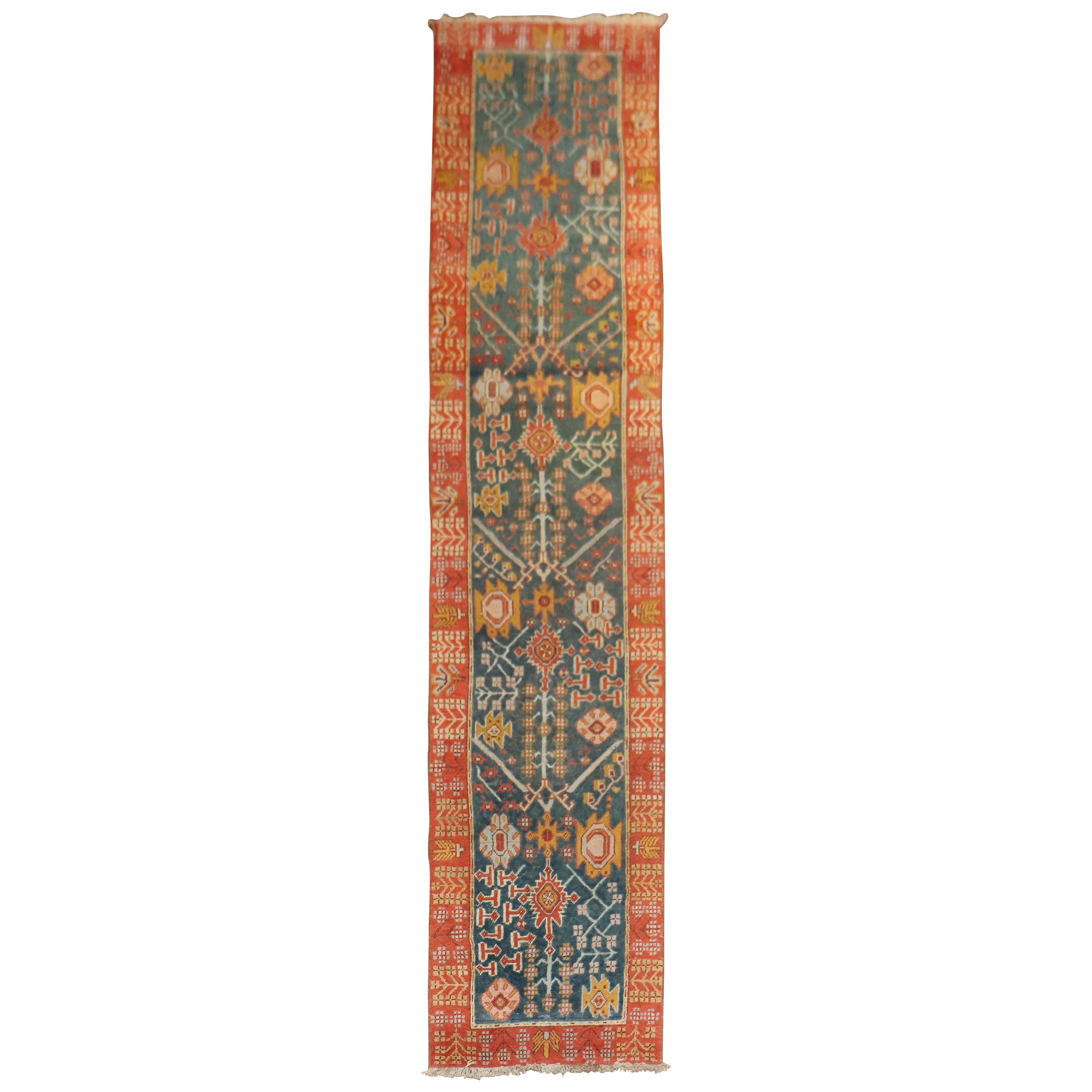 Green Orange Red Antique Oushak Runner