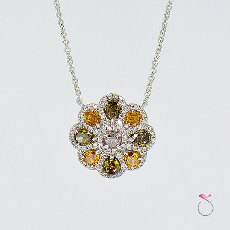 Pear Cut Green, Orange, White and Champagne Diamond Flower Necklace 18 Karat White Gold For Sale