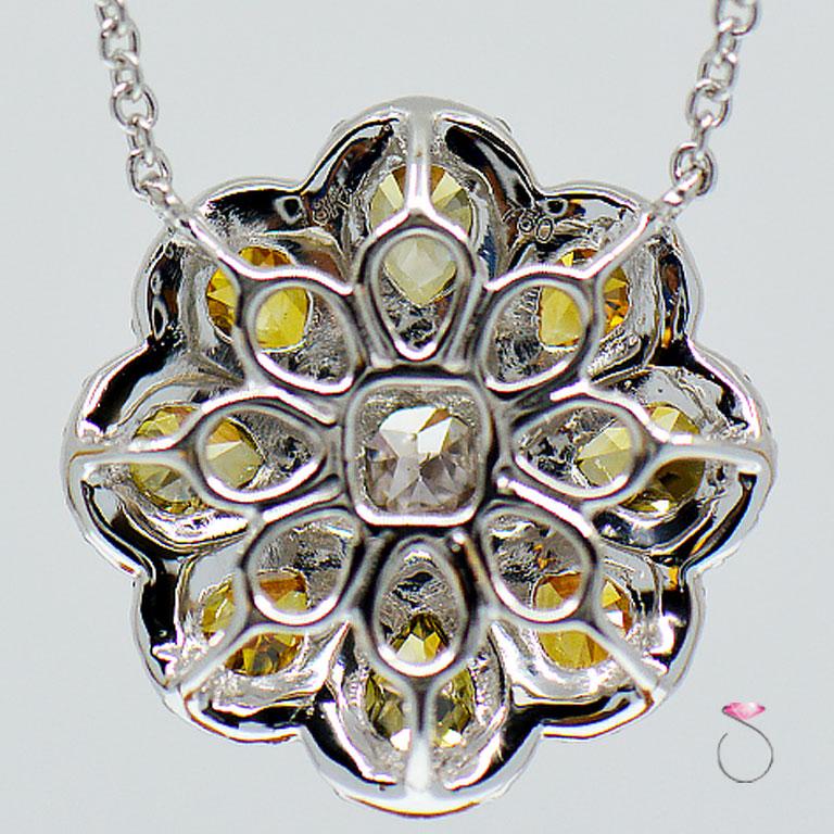Green, Orange, White and Champagne Diamond Flower Necklace 18 Karat White Gold In New Condition For Sale In Honolulu, HI