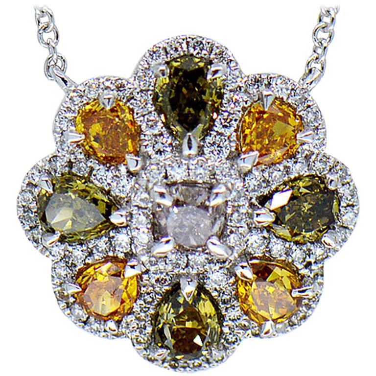 Green, Orange, White and Champagne Diamond Flower Necklace 18 Karat White Gold For Sale