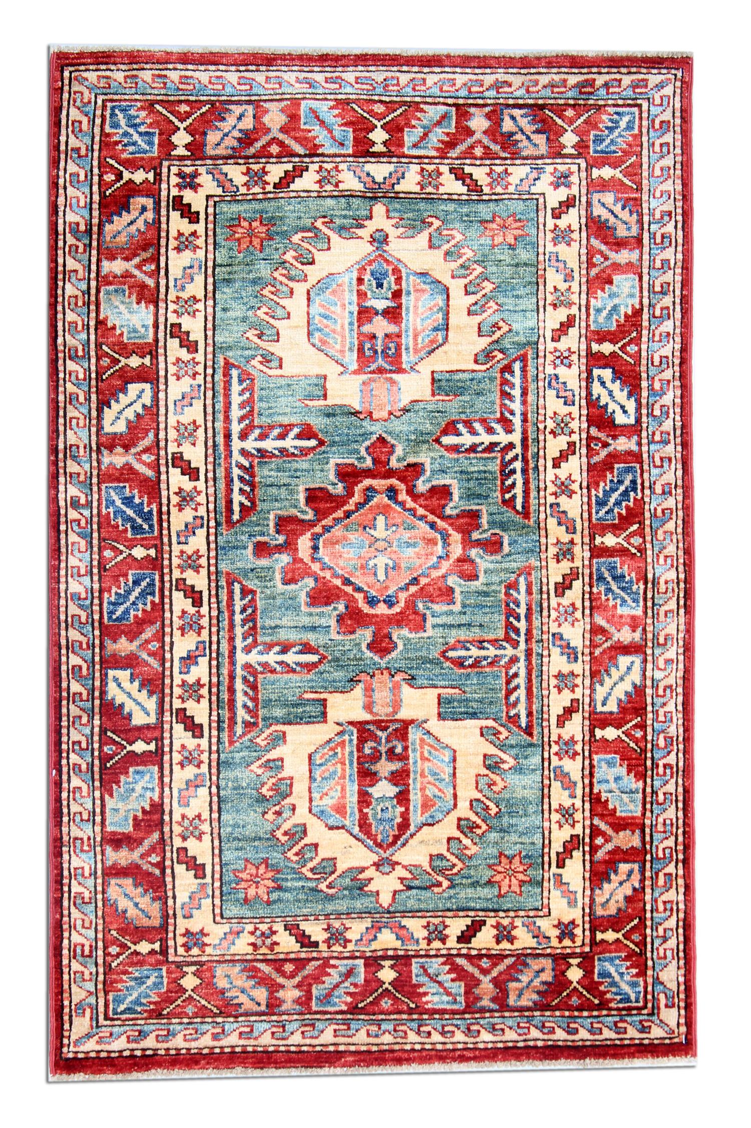 These new green handmade rugs feature designs from the Kazak region in Caucasia. A conventional tribal rug is famous in the part of Kazak Area. Afghan weavers have made this handwoven rug of quality handspun wool and cotton. This high-quality carpet