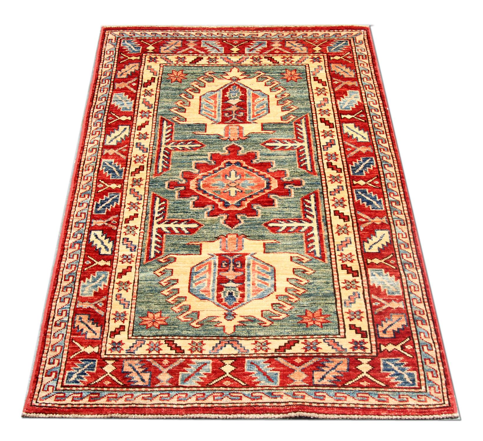 Kazak Green Oriental Rug Geometric Handmade Carpet Yellow Rugs for Sale  For Sale