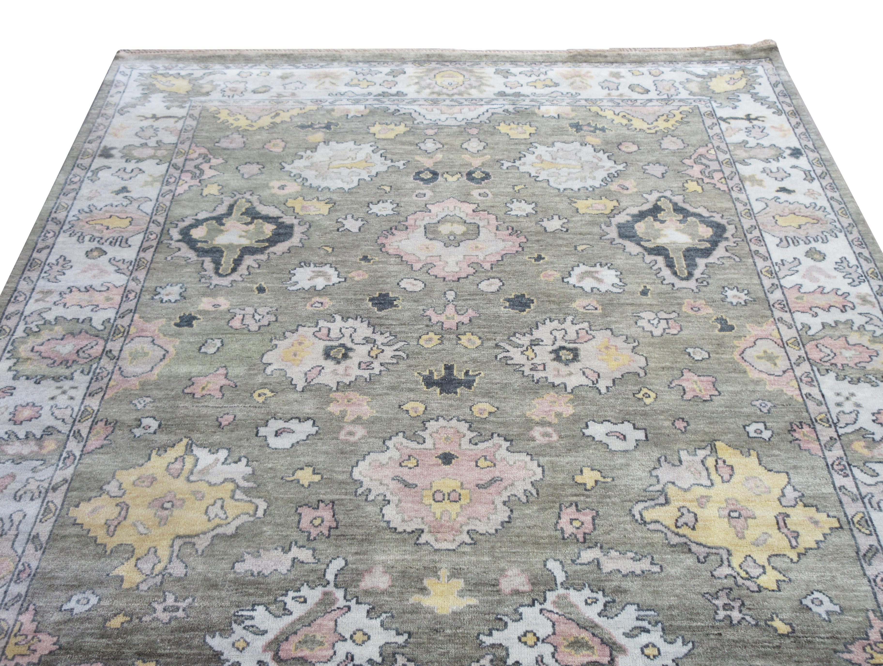 Hand-knotted, wool pile on a cotton foundation.

Dimensions: 9' x 11'8