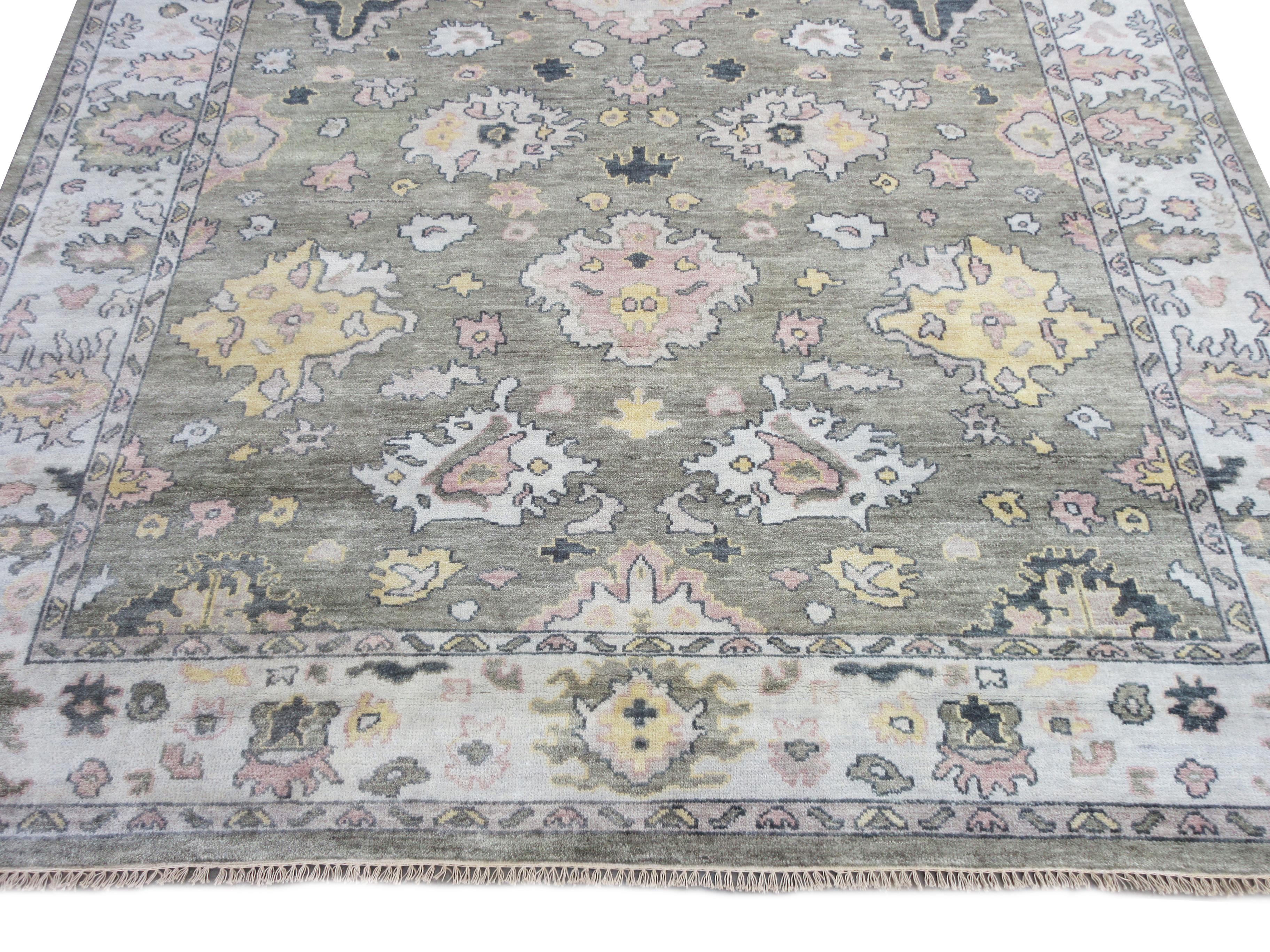 Indian Green Oushak Area Rug For Sale