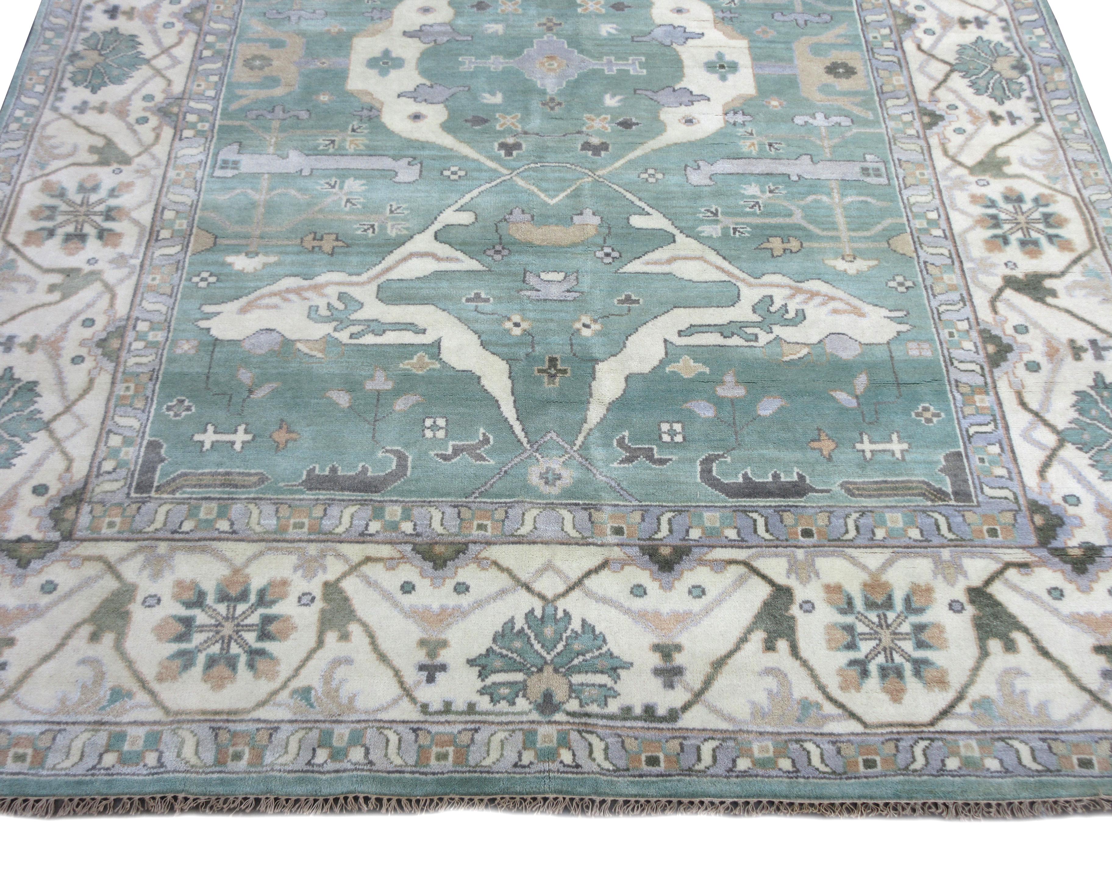 Indian Green Oushak Area Rug For Sale