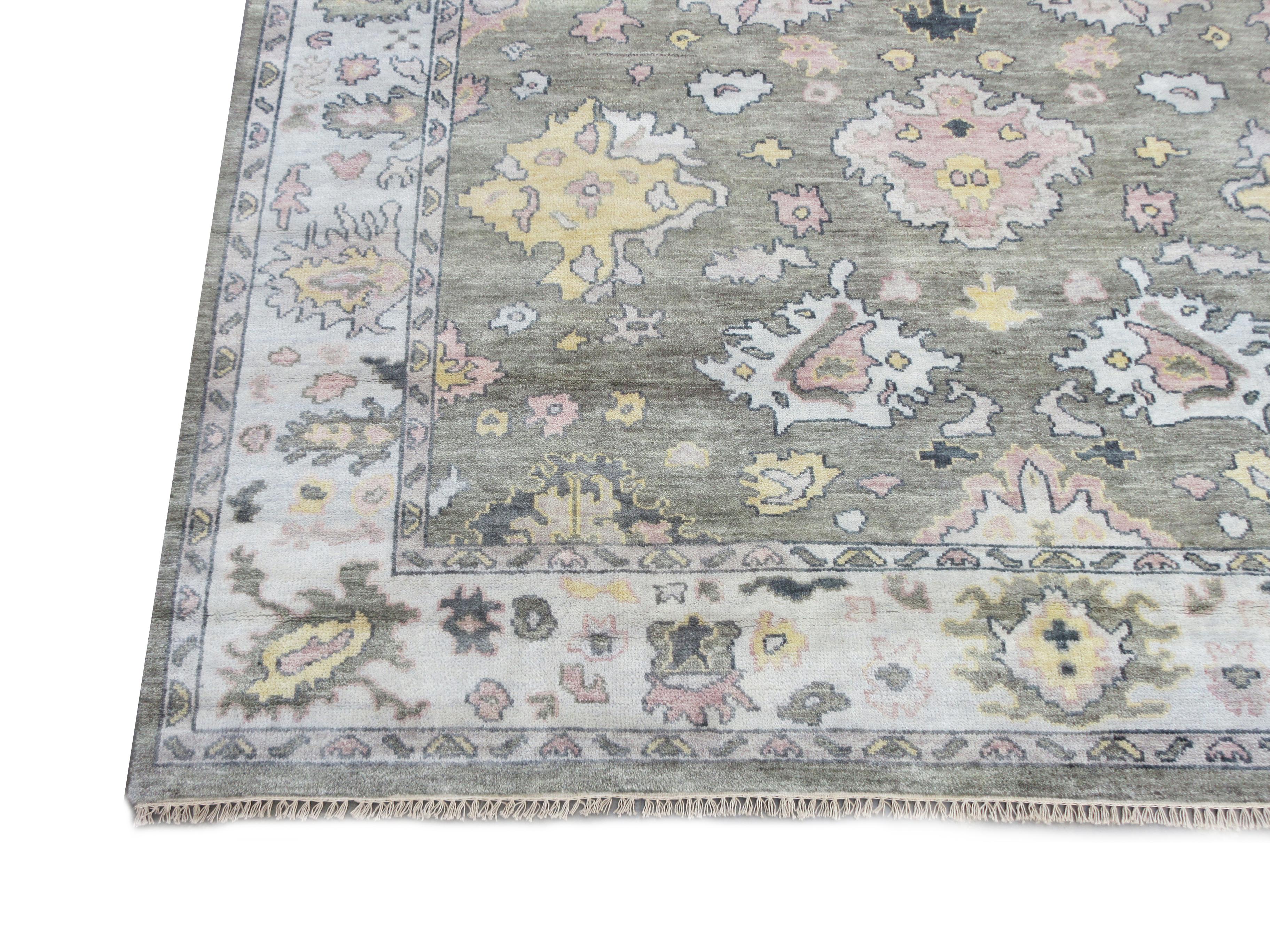 Hand-Knotted Green Oushak Area Rug For Sale