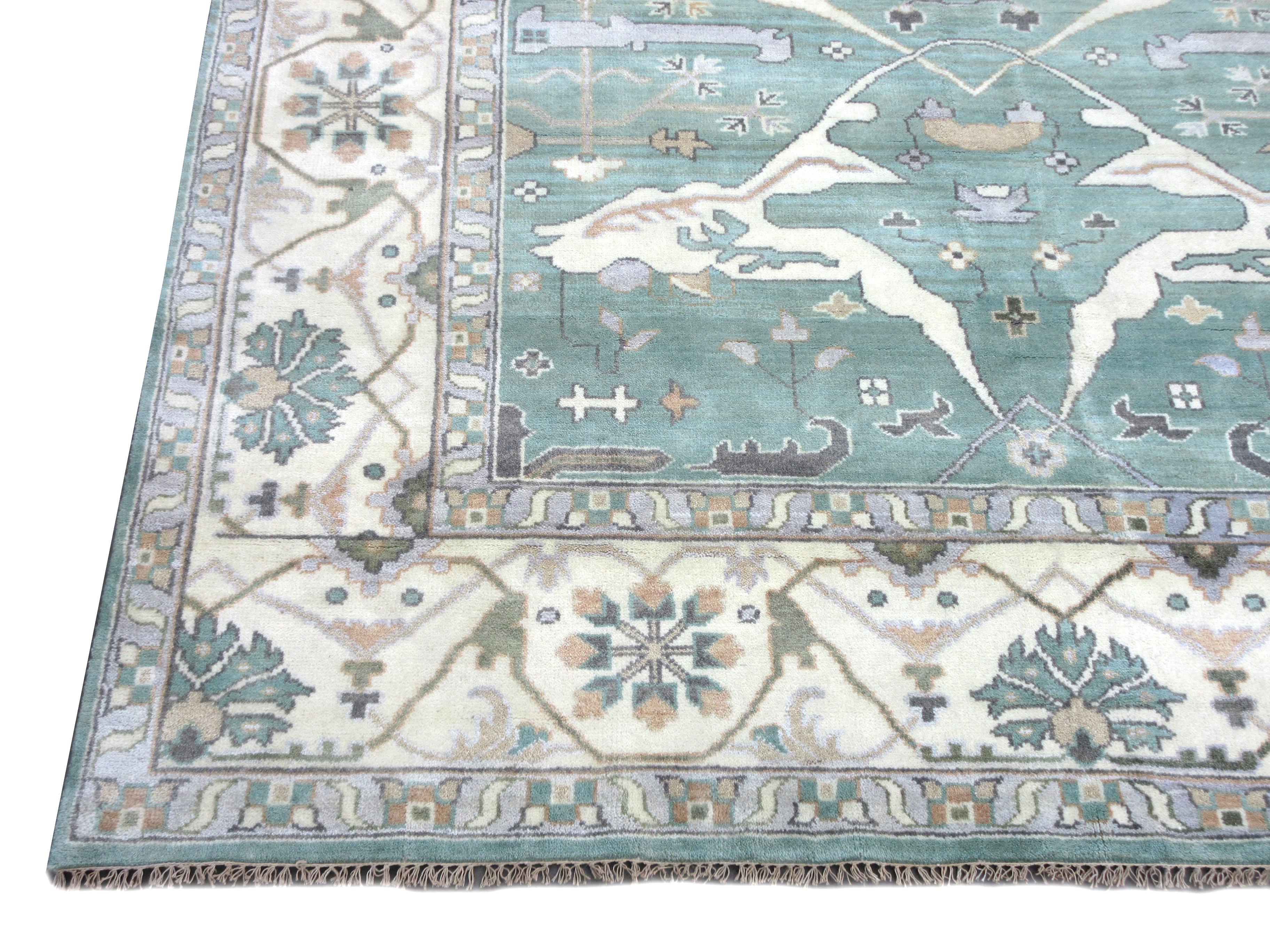 Hand-Knotted Green Oushak Area Rug For Sale