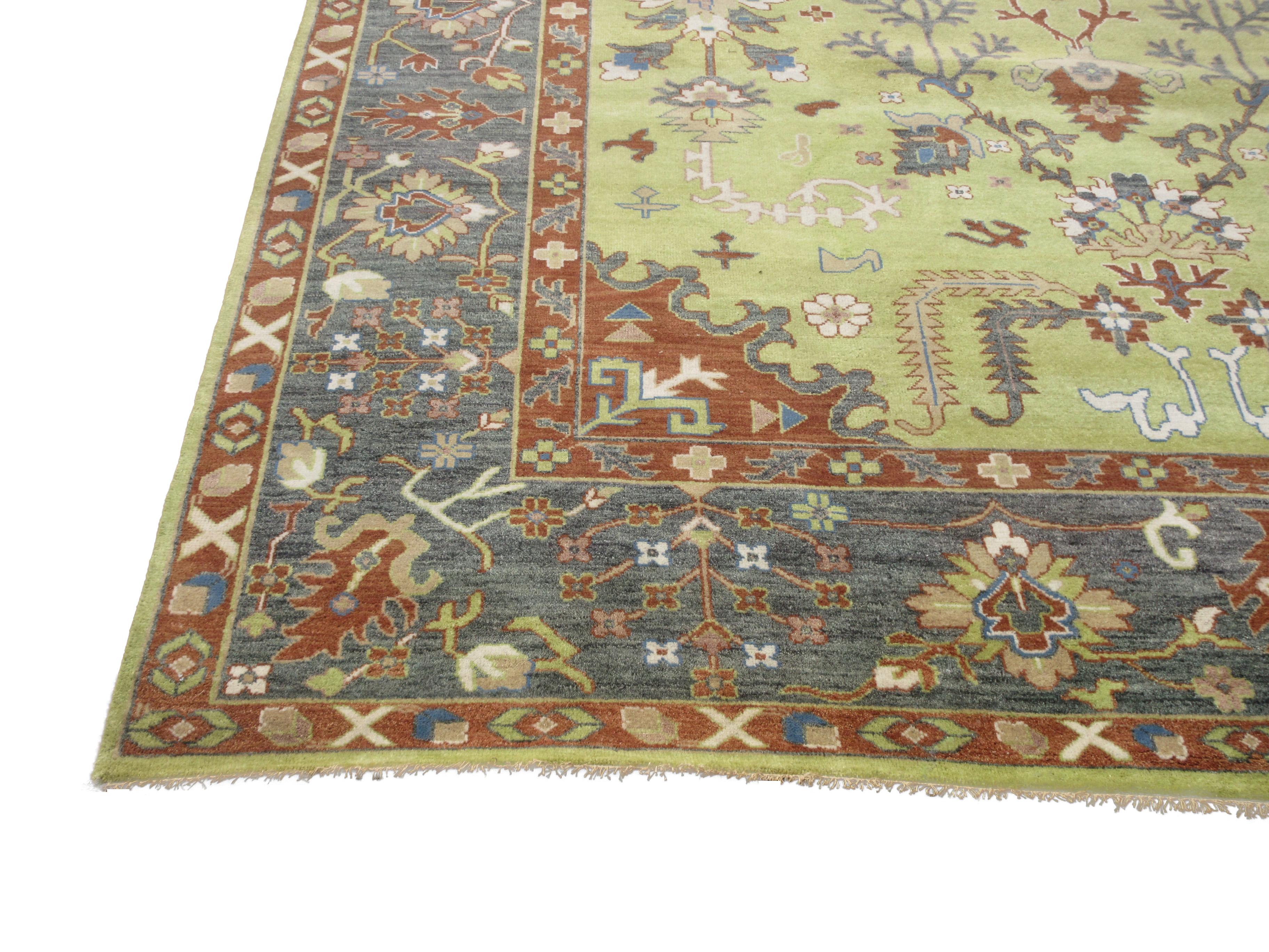 Hand-Knotted Green Oushak Area Rug For Sale