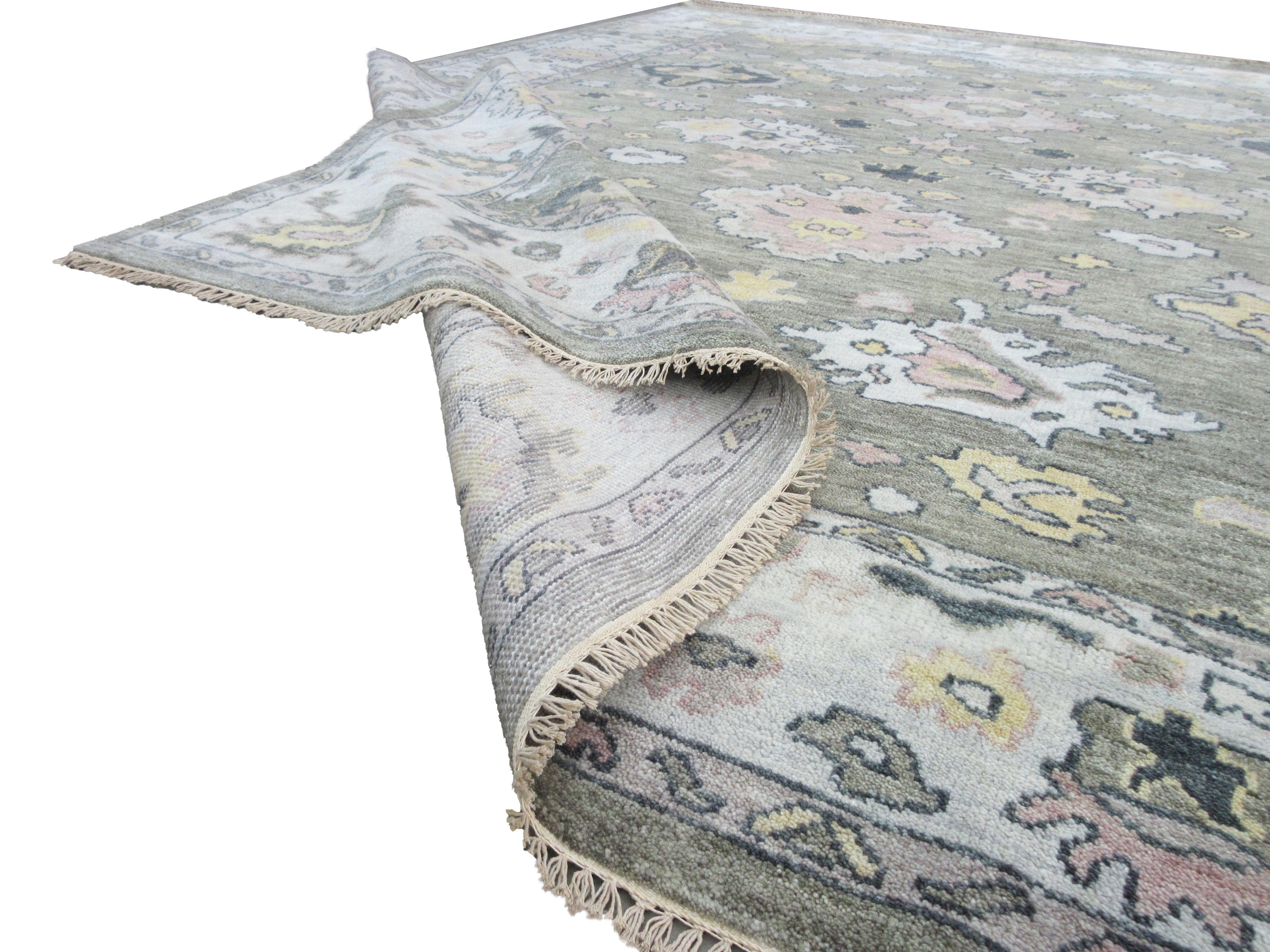 Contemporary Green Oushak Area Rug For Sale