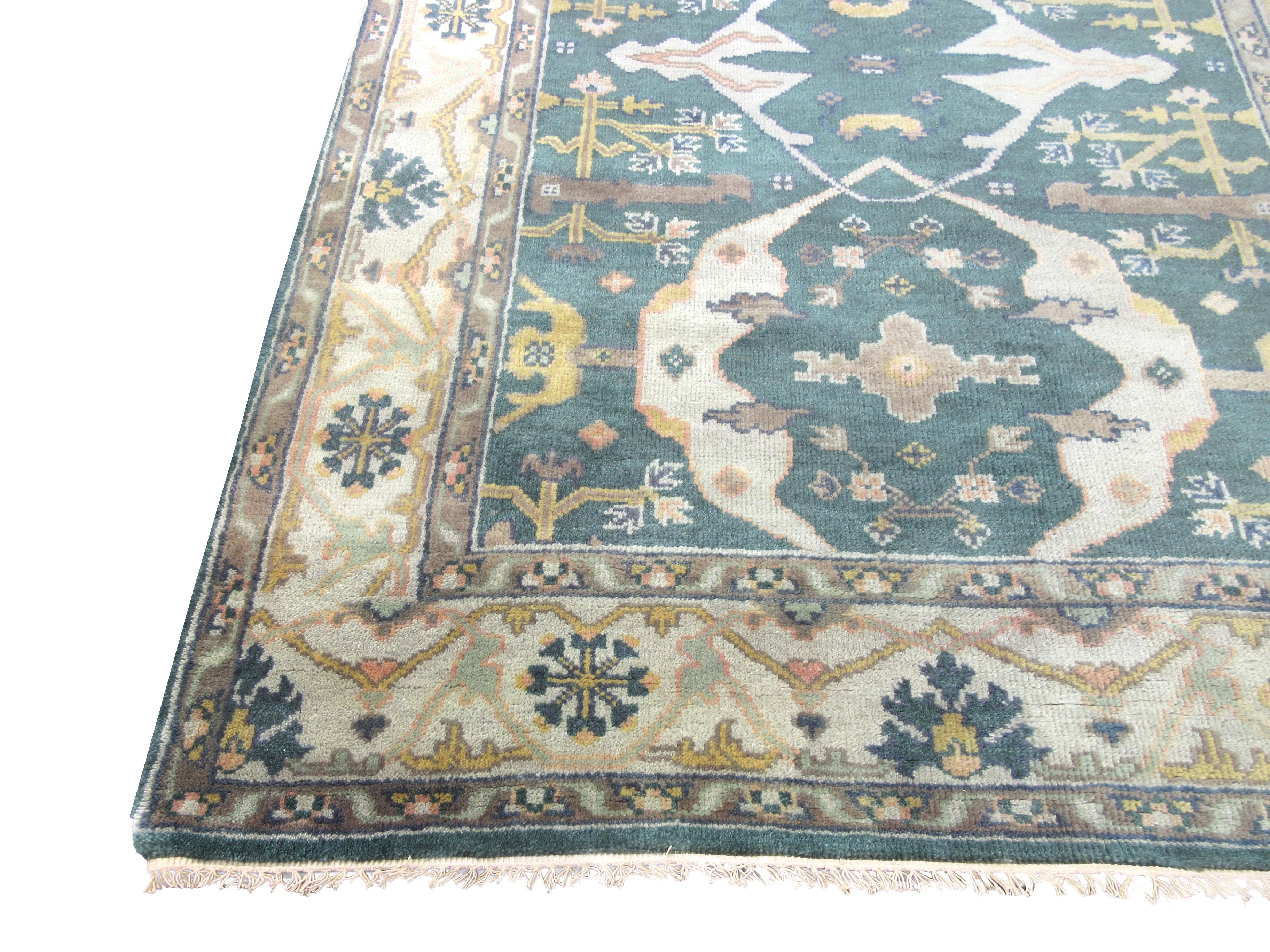 Hand-Knotted Green Oushak Gallery Runner For Sale