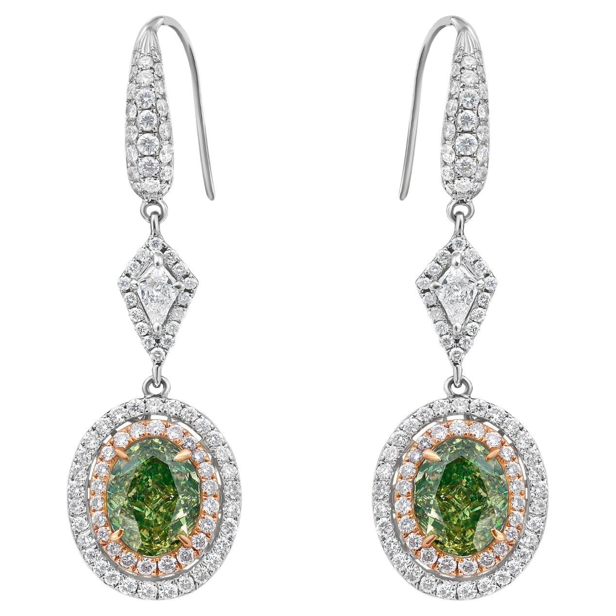 Green Oval Cut Diamond Drop Earrings For Sale
