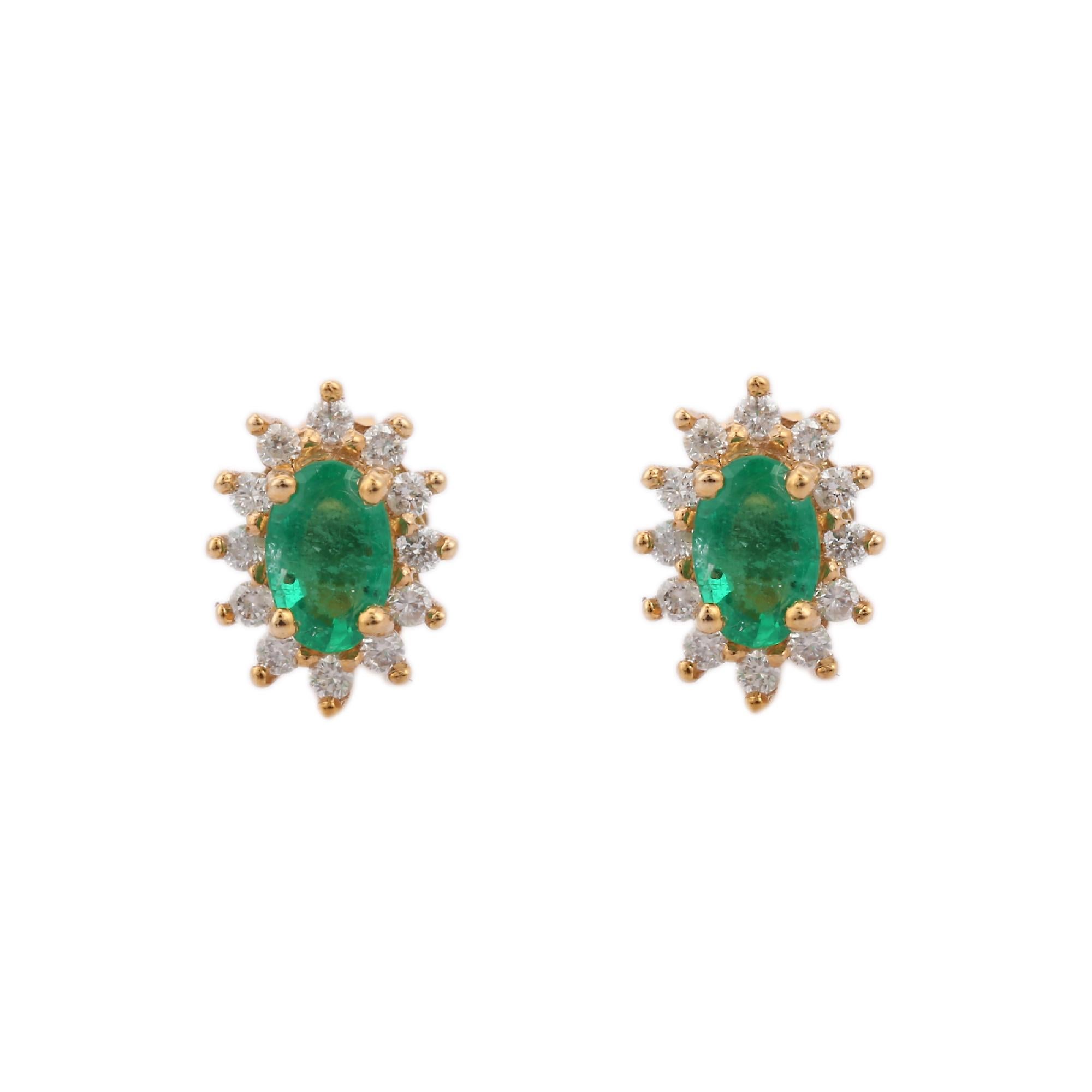 Women's Green Oval Cut Emerald and Diamond Halo Stud Post Earrings 14K Yellow Gold For Sale