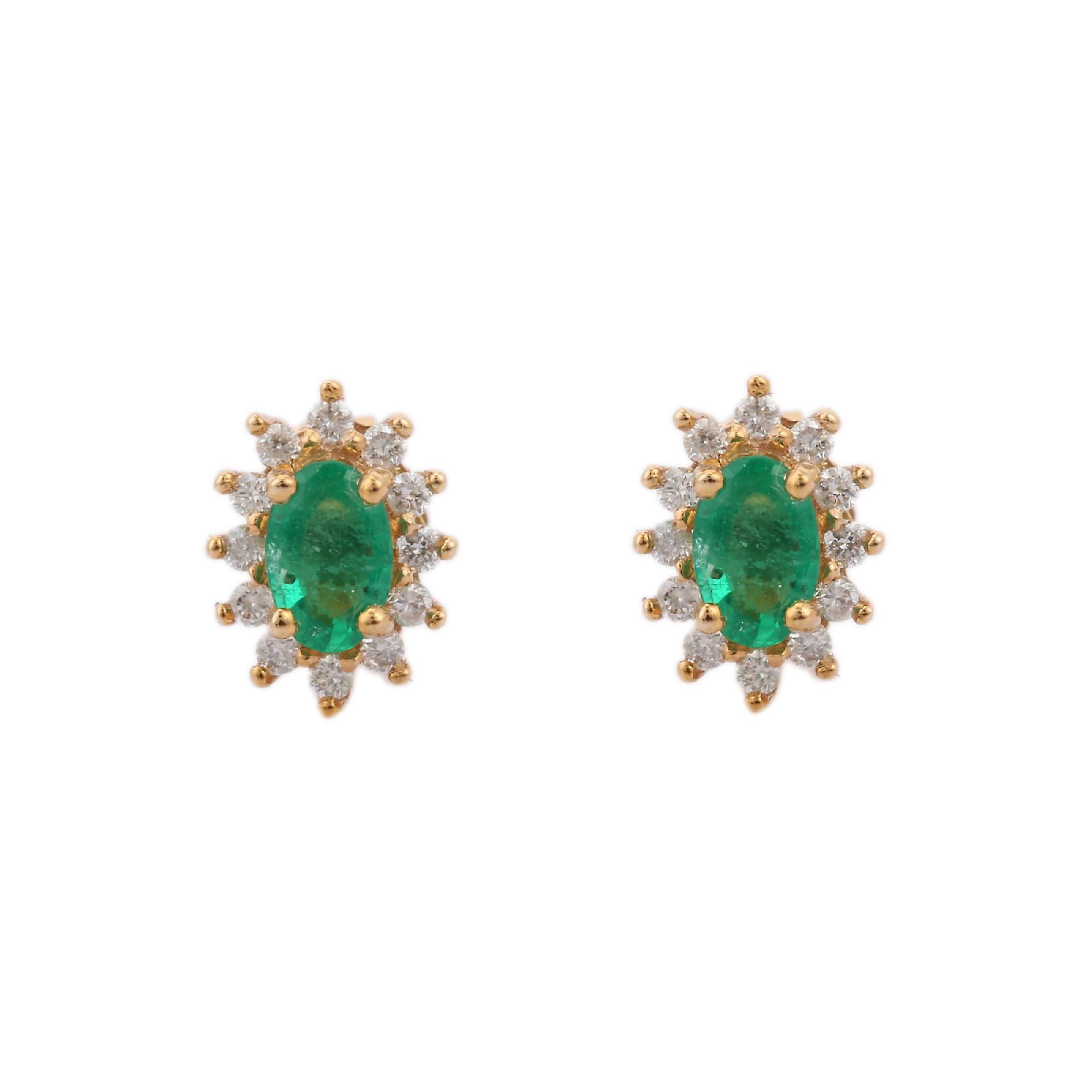 Women's Green Oval Cut Emerald and Diamond Halo Stud Post Earrings 14K Yellow Gold For Sale