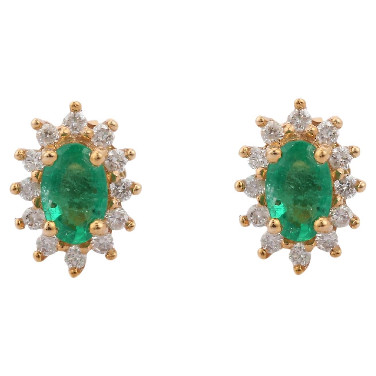 Green Oval Cut Emerald and Diamond Halo Stud Post Earrings 14K Yellow Gold For Sale