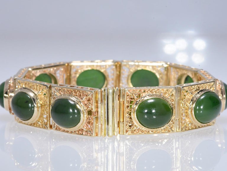 Green Oval Jade Yellow Gold Filigree 14 Karat Bracelet 56.4 Grams For ...