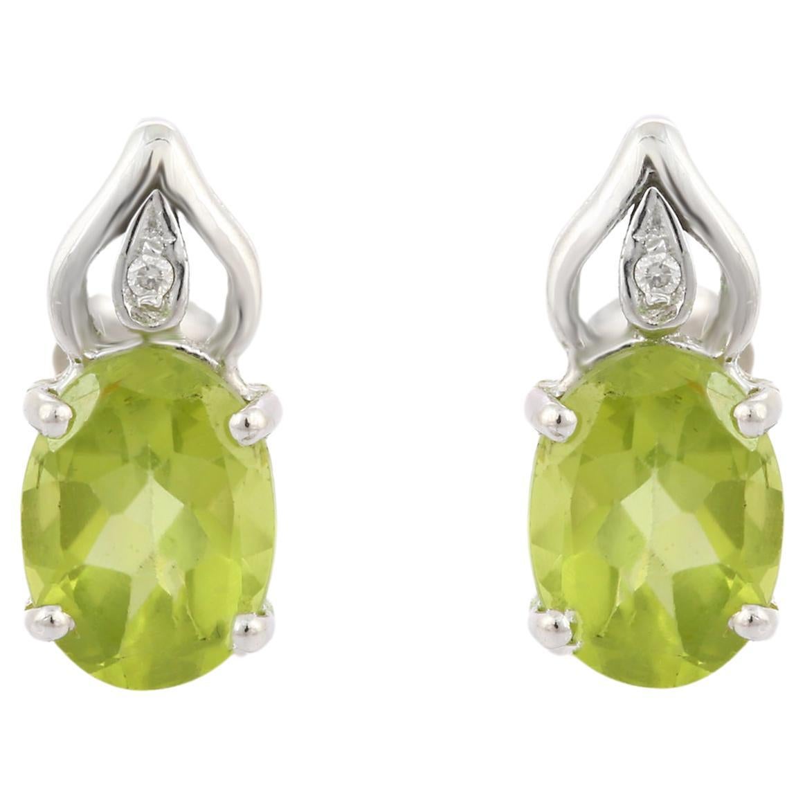 Green Oval Peridot Gemstone Stud Earrings with Diamonds in 14K White Gold 