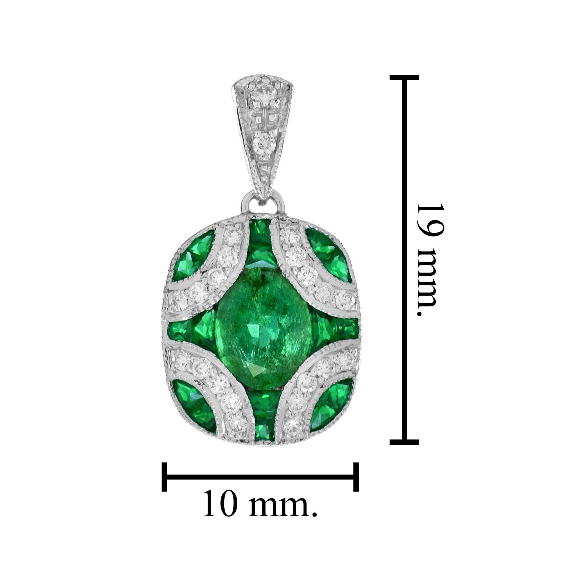 Taglio ovale Ciondolo in oro bianco 14K con smeraldo verde di forma ovale e diamanti Art Deco in vendita