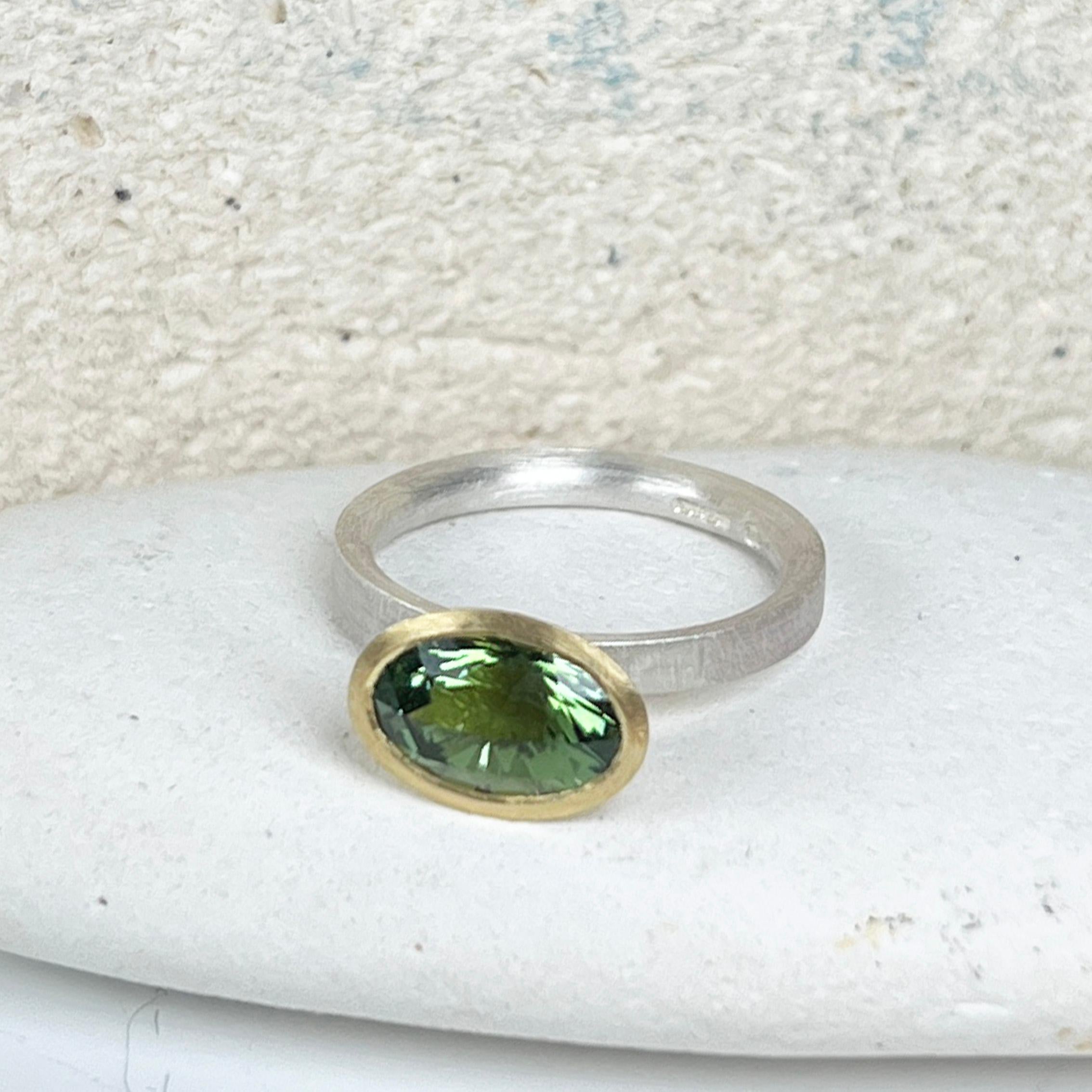 Oval Cut Green Oval Tourmaline 18ct Gold Ring and Silver Ring For Sale