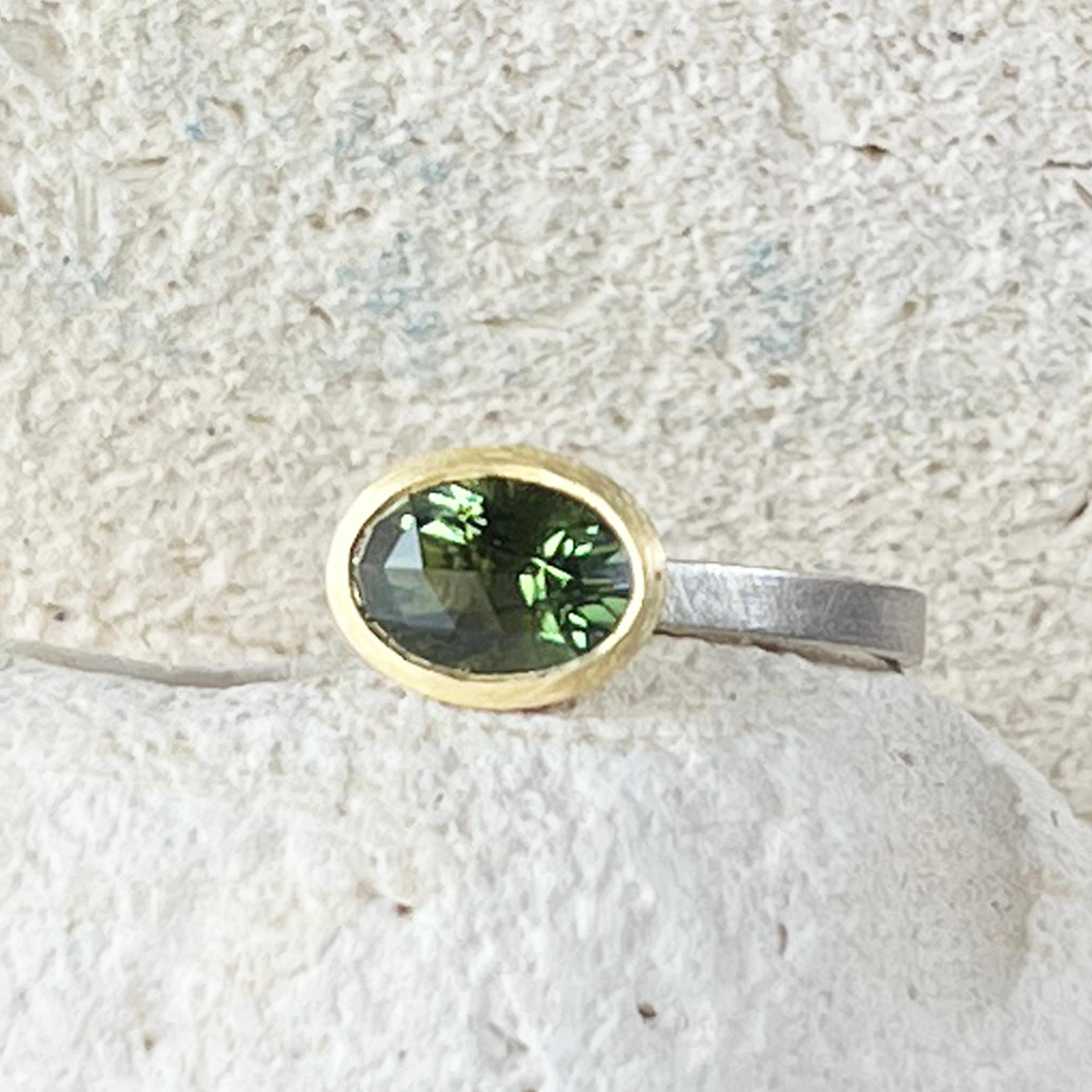 Green Oval Tourmaline 18ct Gold Ring and Silver Ring In New Condition For Sale In London, GB