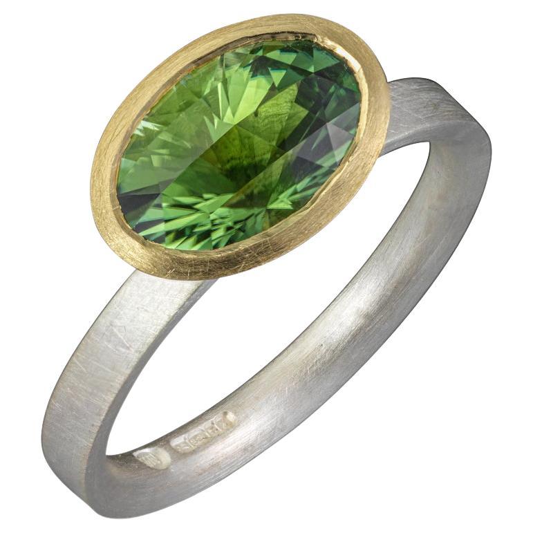 Green Oval Tourmaline 18ct Gold Ring and Silver Ring For Sale