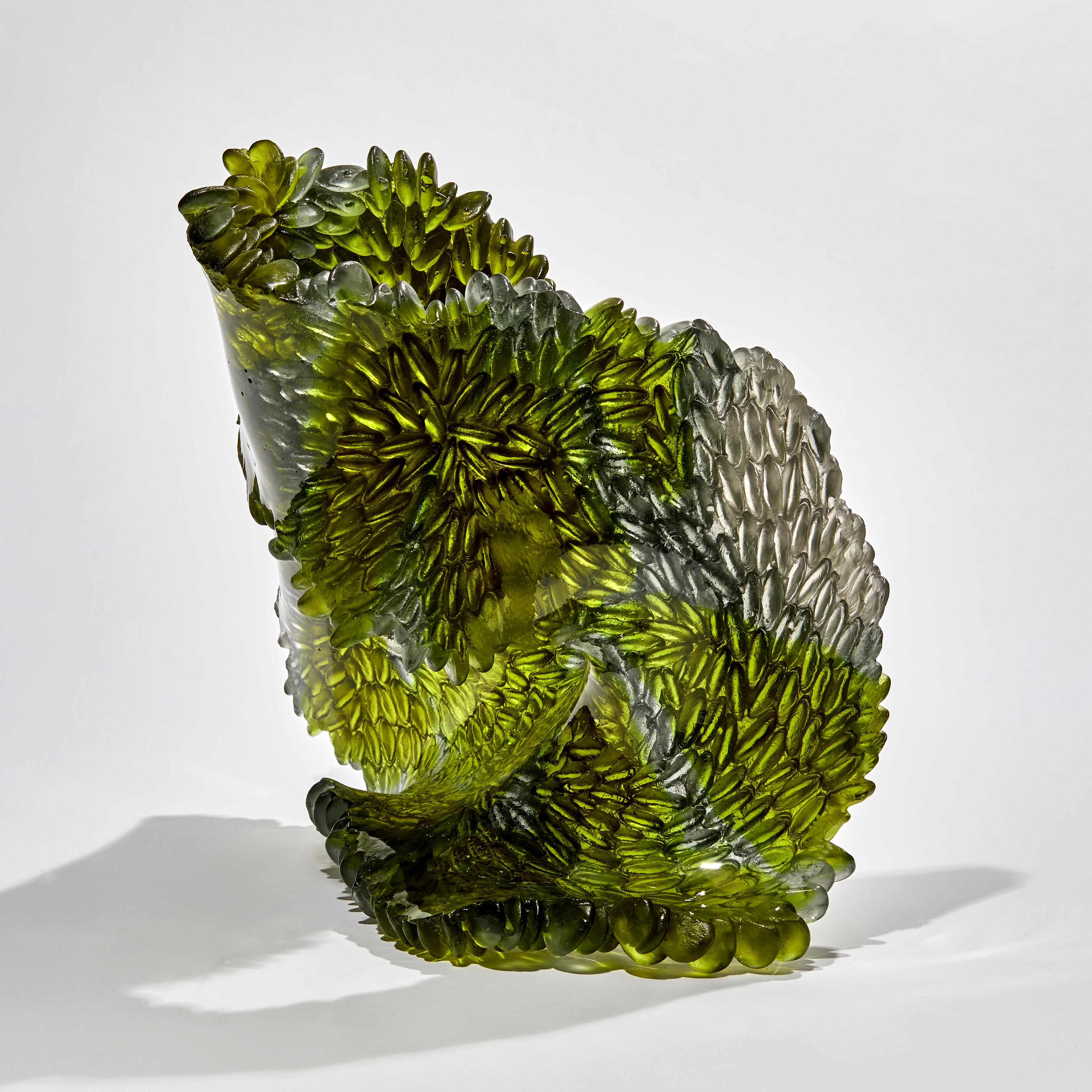Organic Modern Green Oval, Unique Glass Sculpture in Olive Green & Grey by Nina Casson McGarva