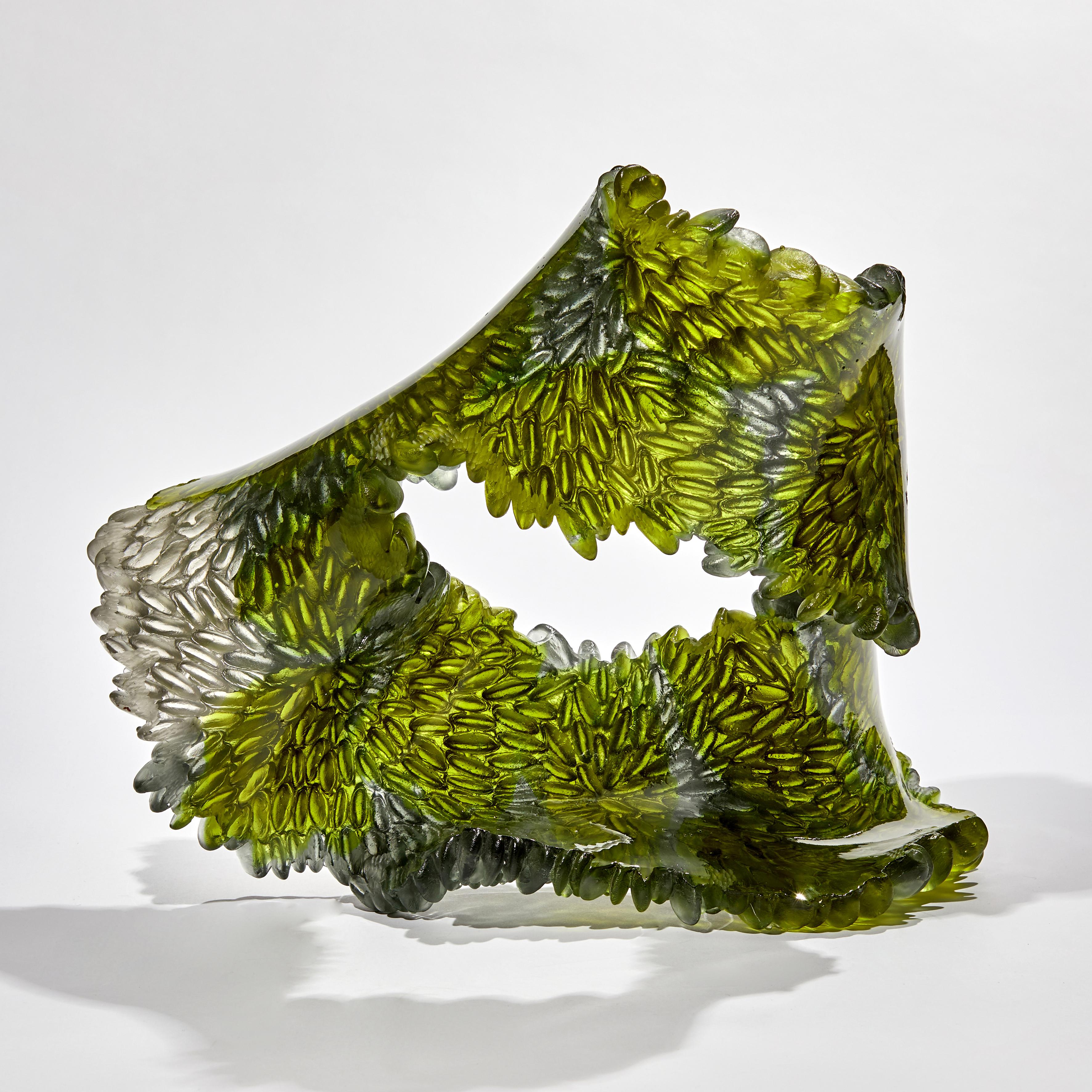 British Green Oval, Unique Glass Sculpture in Olive Green & Grey by Nina Casson McGarva