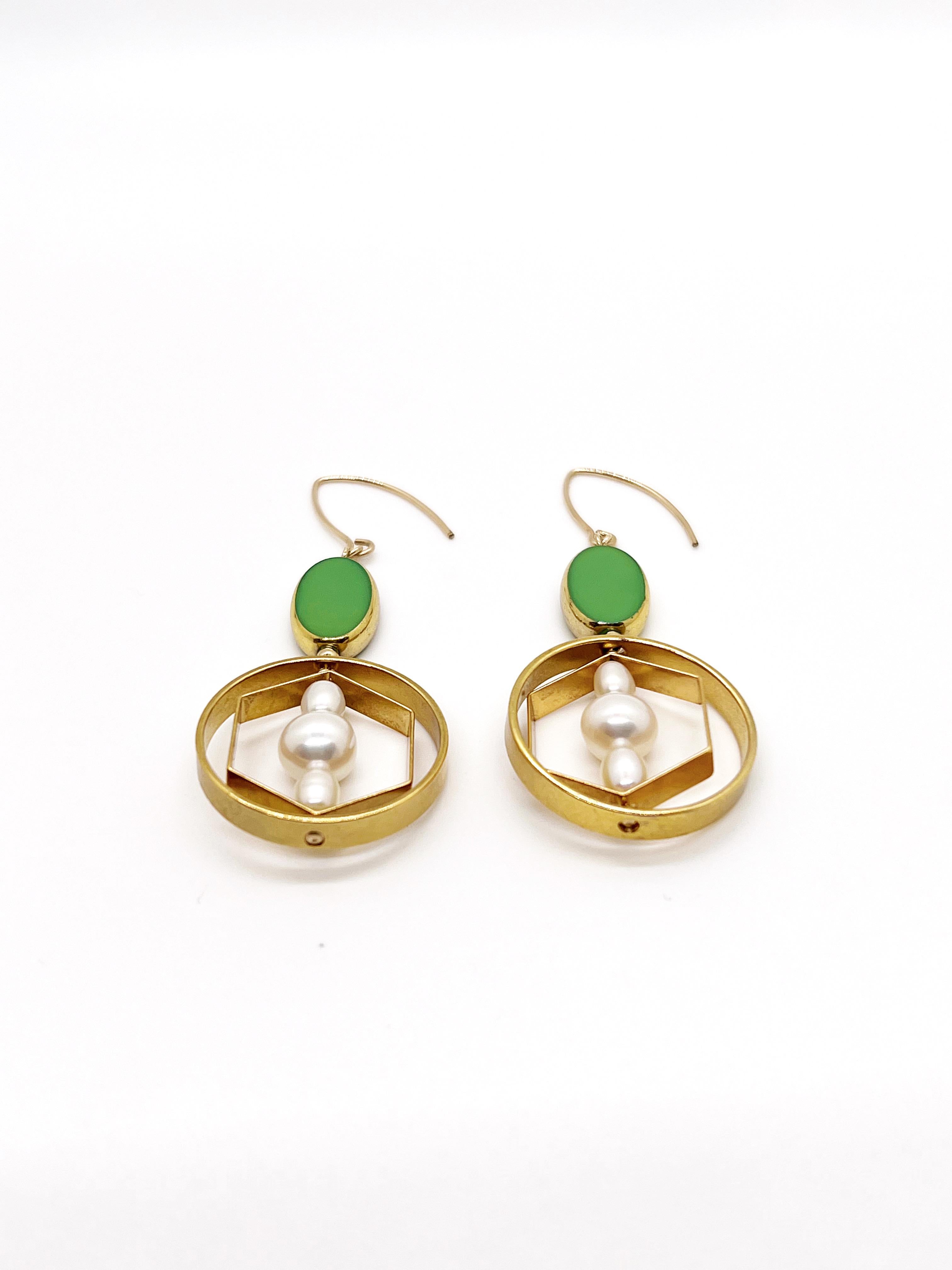 Contemporary Green Oval Vintage German Beads x Pearl Geometric 2318E  Earrings For Sale