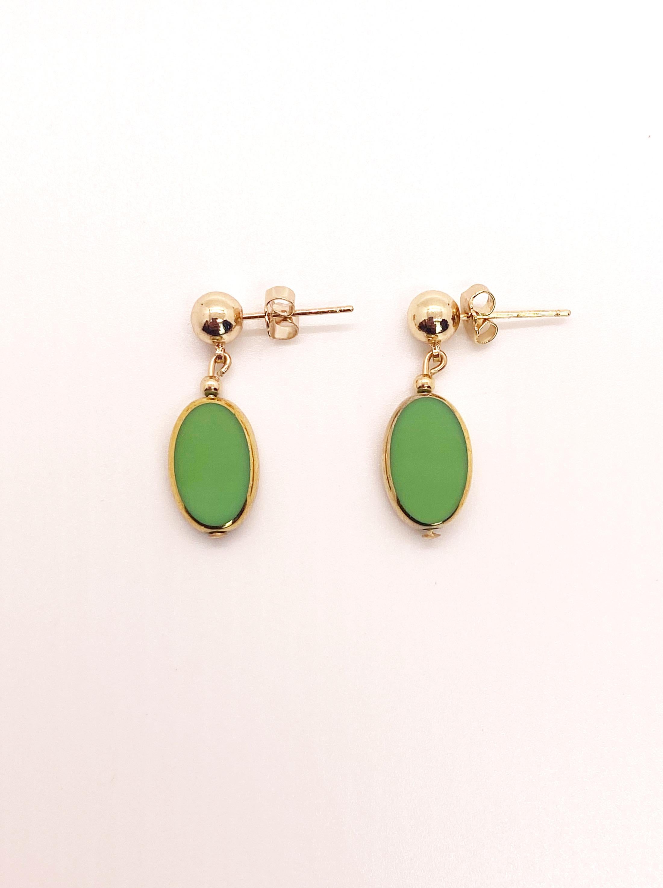green beads gold earrings