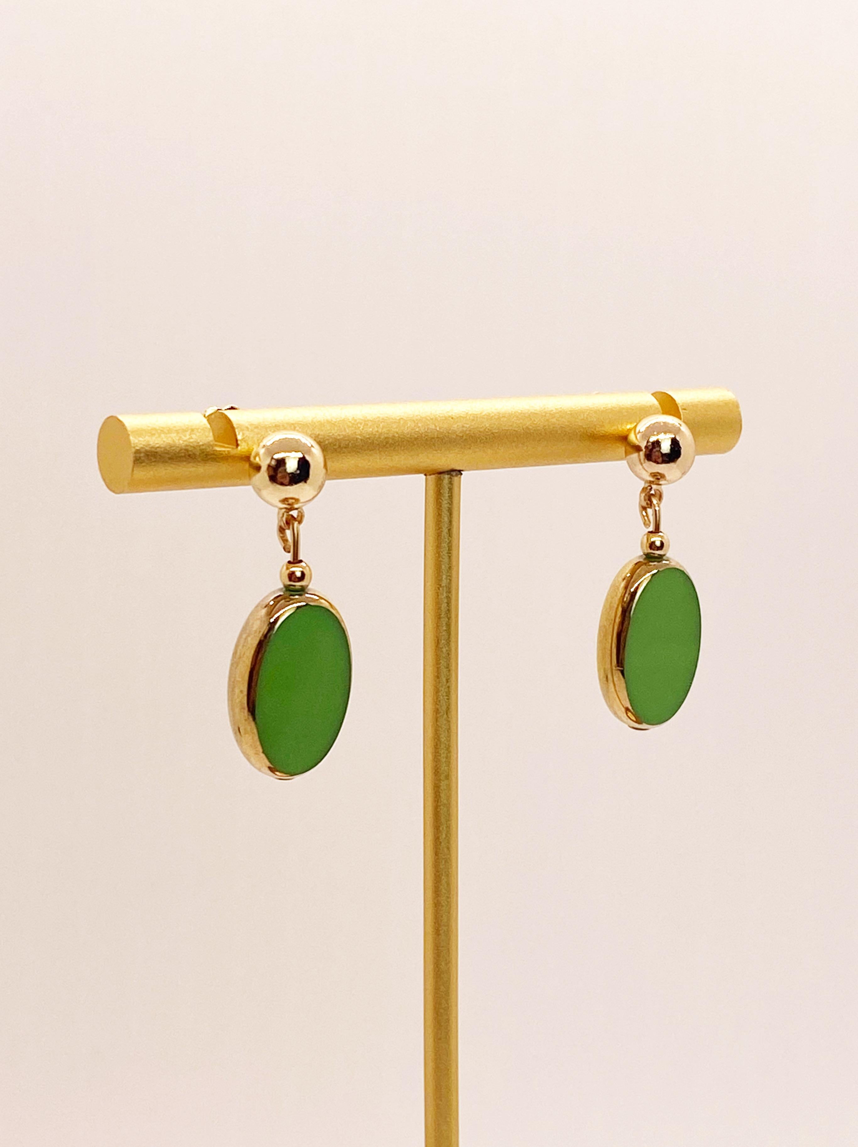 Green Oval Vintage German Glass Beads edged with 24K gold Earrings In New Condition In Monrovia, CA