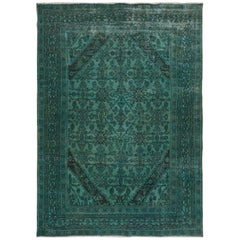 Green Overdyed and Vintage Persian Lilahan Worn Down Hand Knotted Oriental Rug